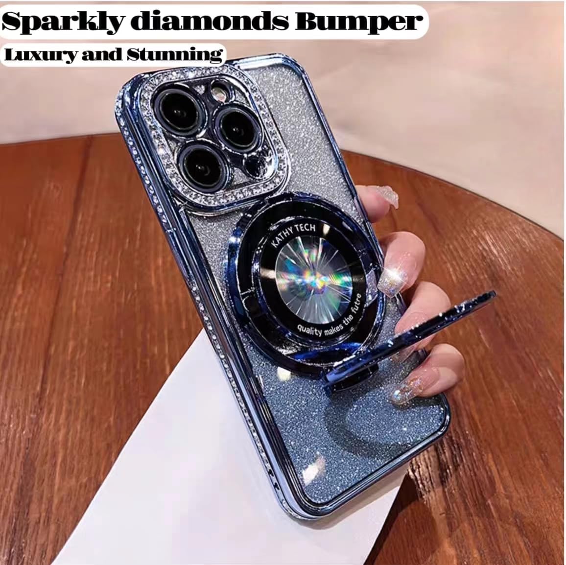 Magnetic Stand Glitter Case for iPhone 17 Pro Max, [Comatible with Magsafe], Luxury Cute Sparkly Bling Diamond Camera Lens Protector 2in1 Women Girls Soft Phone Cover Case for iPhone 17 Pro Max,Blue - Image 6