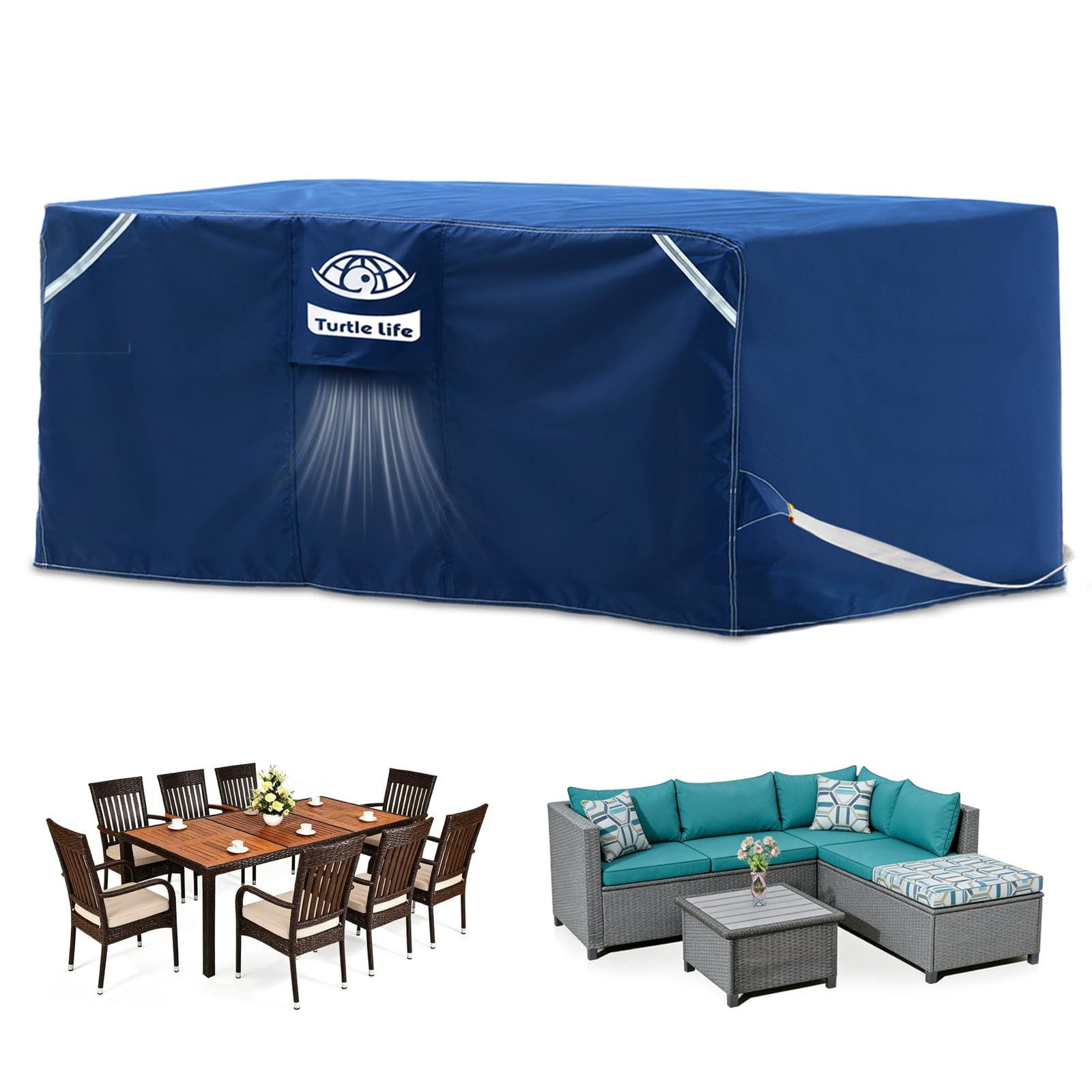Turtle Life Housse Salon de Jardin,220 x 165 x 74 cm,Housse Table De Jardin Avec éVent D’Air,Tissu régénéré certifié GRS 300D,imperméable, Coupe-Vent, Anti-UV, Indéchirable