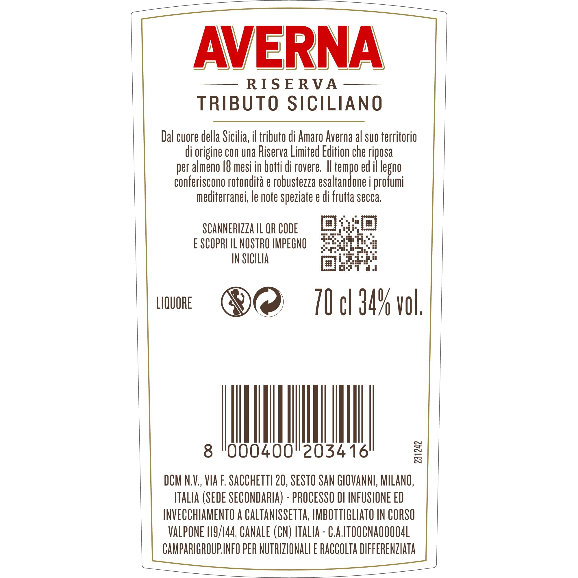 Averna Riserva Tributo Siciliano - Bottiglia Limited Edition, Amaro Italiano dal Sapore Agrumato Invecchiato almeno 18 Mesi, 34% Vol, Etichetta Casuale, Bottiglia in Vetro da 70 cl