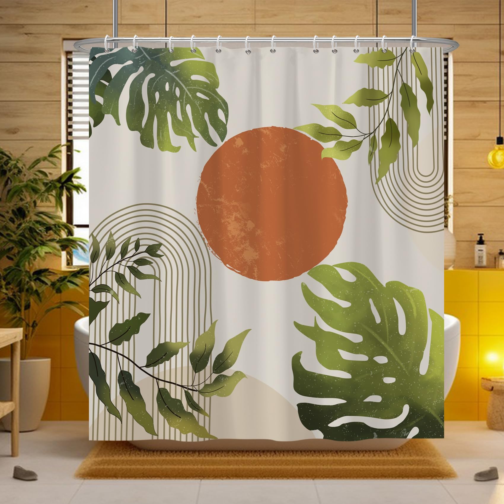 Yanutan Bohemian Plant Shower Curtain,Green Leaves Mid Century Shower Curtain Set for Bathroom,Boho Modern Abstract Minimalist Fabric Bath Curtain with Hooks, 72x72in
