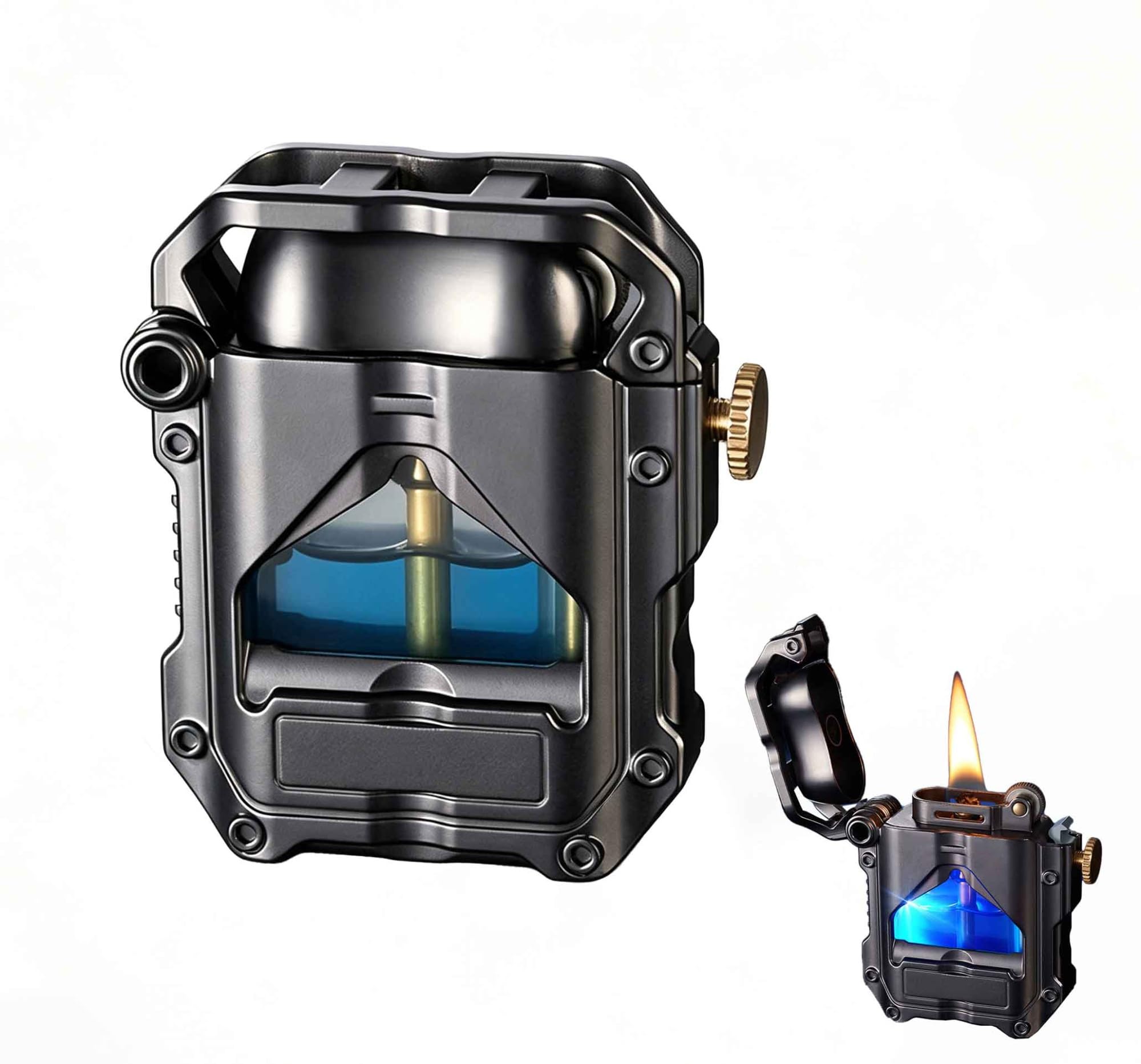 Retro Metal Mech Kerosene Lighters — Vintage Flint-Wheel Ignition Lighter with Visible Fuel Tank — A Gift for Men (for Camping & Candles) — Fuel Not Included(Black)