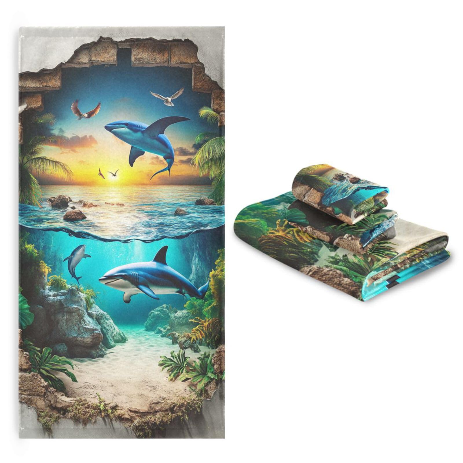 3D-Loch-Duschhandtuch-Set, weiße Wand, Ozean, Tiere, Fische, Meer, Gesicht, Handtücher, 1 Badetuch, 1 Handtuch, 1 Waschlappen für Yoga, Badezimmer, Küche