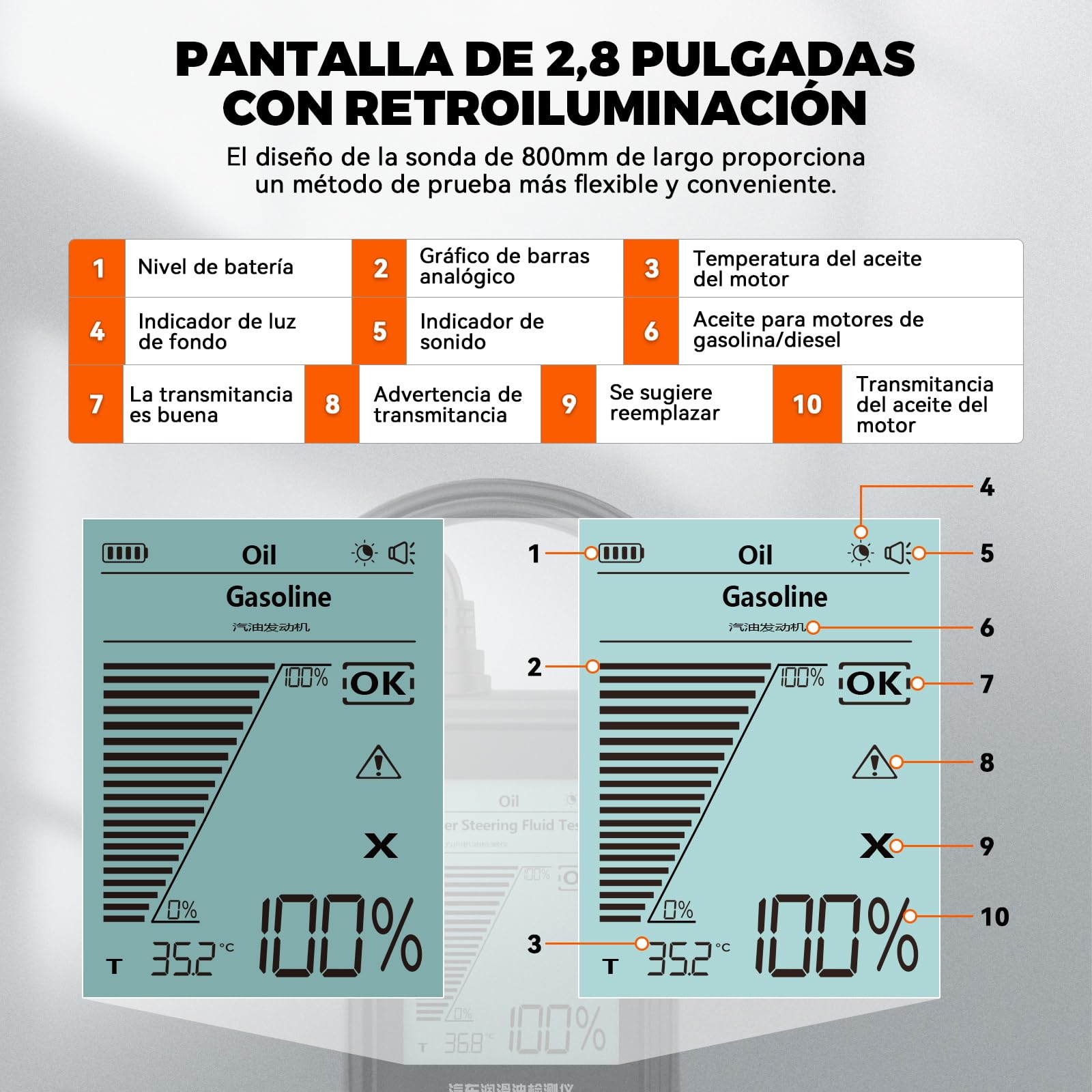 AS503 Comprobador de Aceite para Motores de Gasolina y Diésel, Probador de Calidad de Aceite, Analizador de Aceite de Motor para Coche, Detector de Transmitancia y Temperatura,Alertas Sonoras