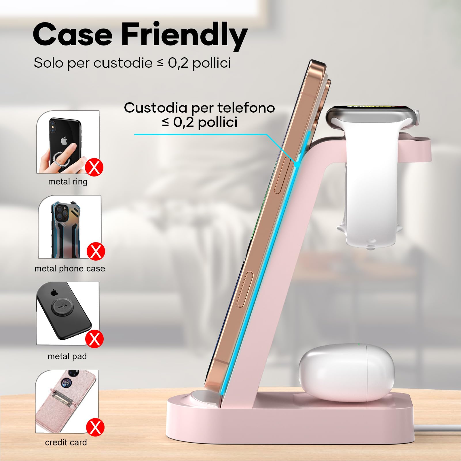 Caricatore Wireless,3 in 1 stazione di ricarica,stazione ricarica caricabatterie wireless compatibile con iPhone 16/15/14/13/12 Pro/Pro Max,Apple Watch Ultra/10/9/8/7/6/5/4/SE AirPods Pro rosa