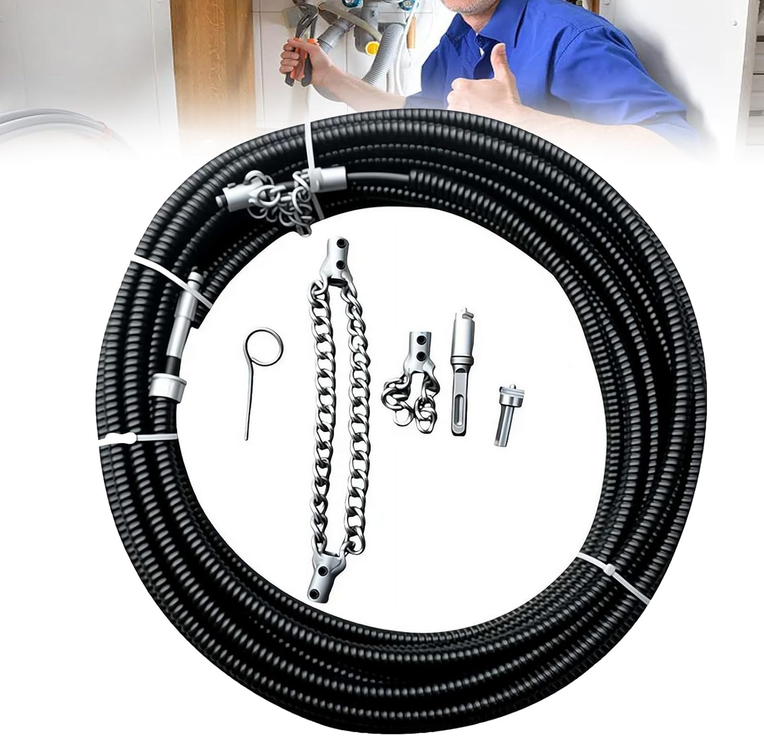 Drain Cleaning Cable for Bathrooms, 2026New Sewer Descaling Chain, 8mm (1/4") Heavy Duty Drain Clog Remover Tools, Flexible Push Snake Cable for PVC Pipes, Toilets (5Meter)