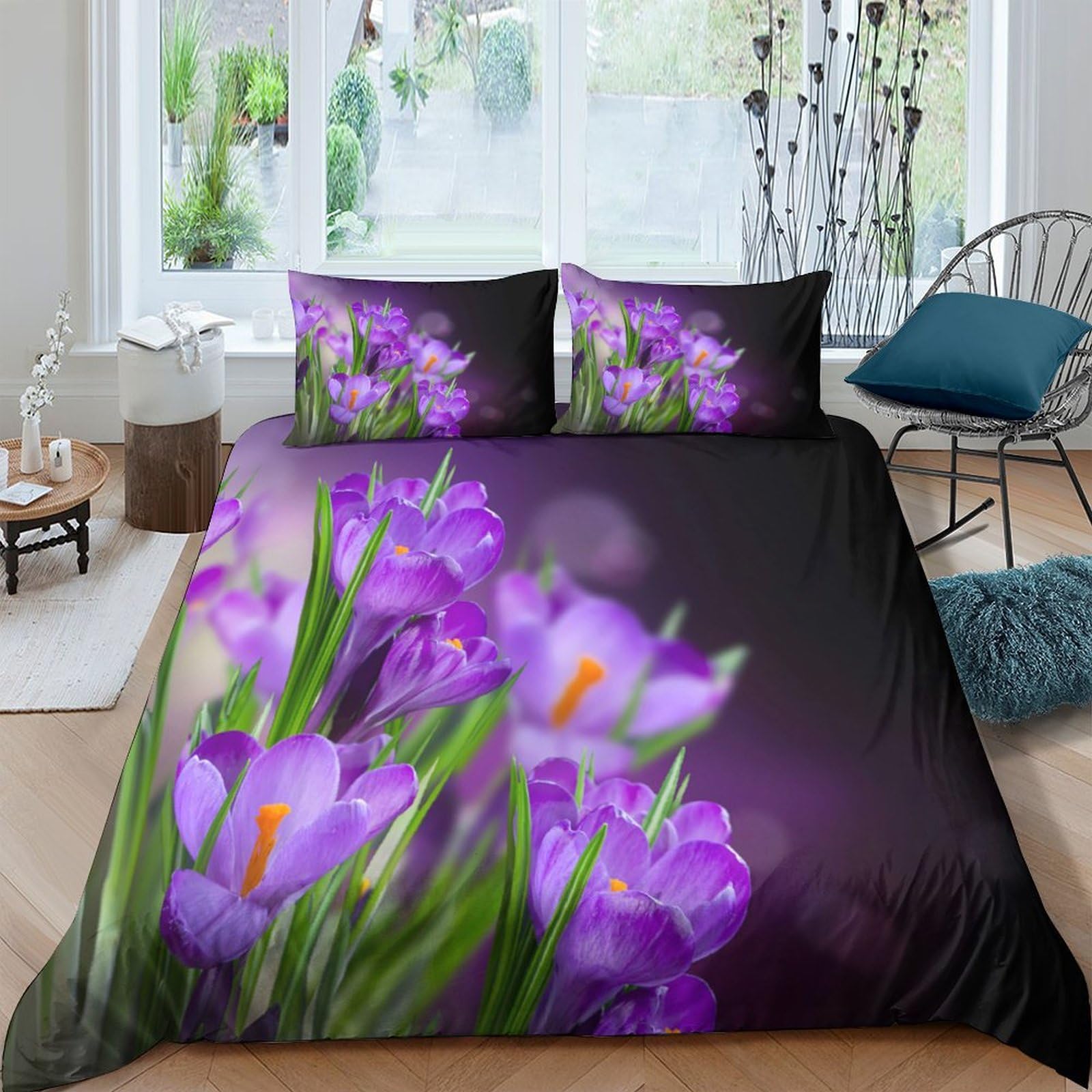 P5V6M1Q9 3D Printed Purple Flower Duvet Cover Microfiber Soft Breathable Meadow Quilt Cover Set with 2 Pillowcases for Bedroom Decor Single（135x200cm）