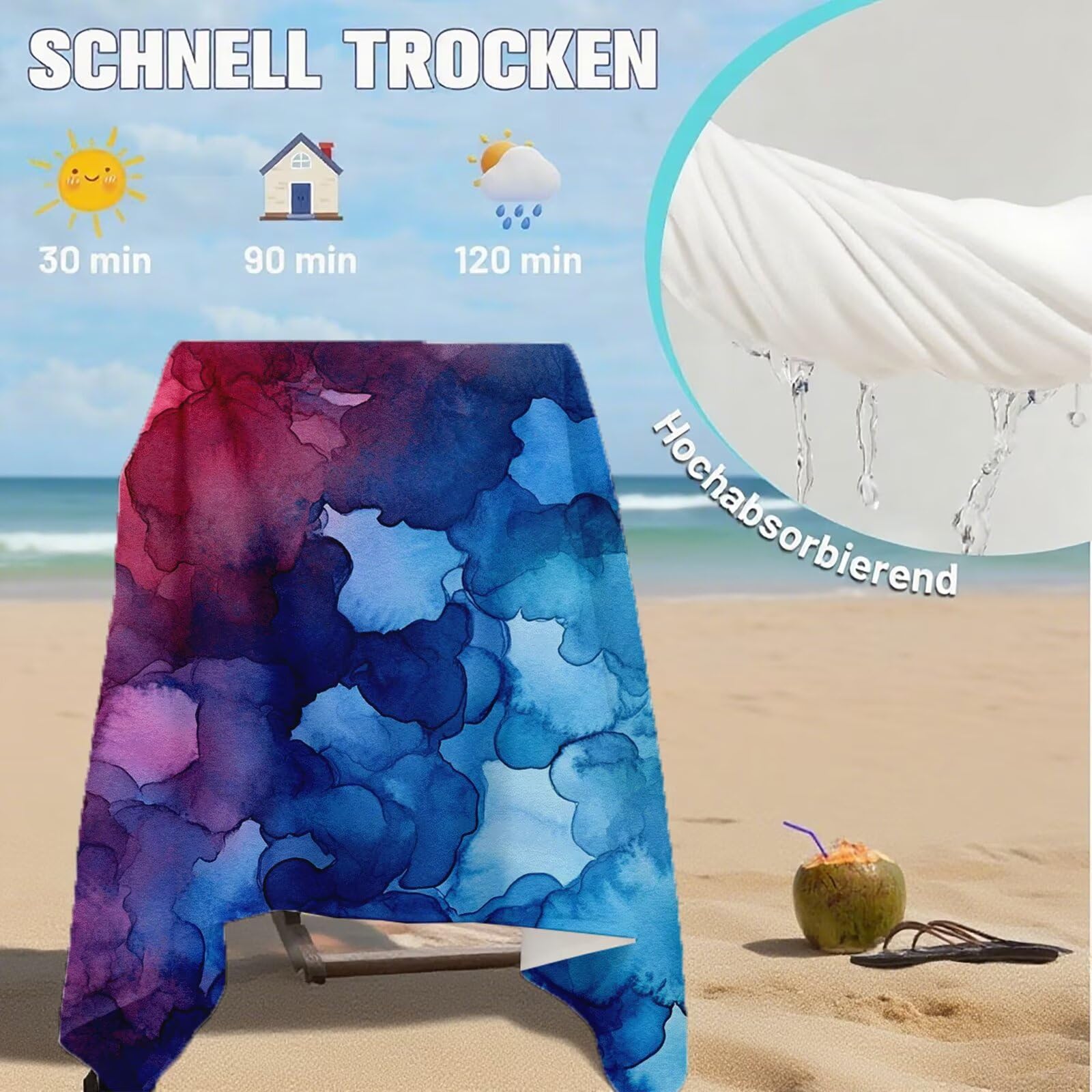 Serviette de Plage XXL 100x200 cm,Bleu Serviette Plage Microfibre avec Séchage Rapide, Anti-Sable, Absorbante Fonction Design pour Vacances Piscine Pique-Nique Voyages Yoga, Cadeau Femme Q-679