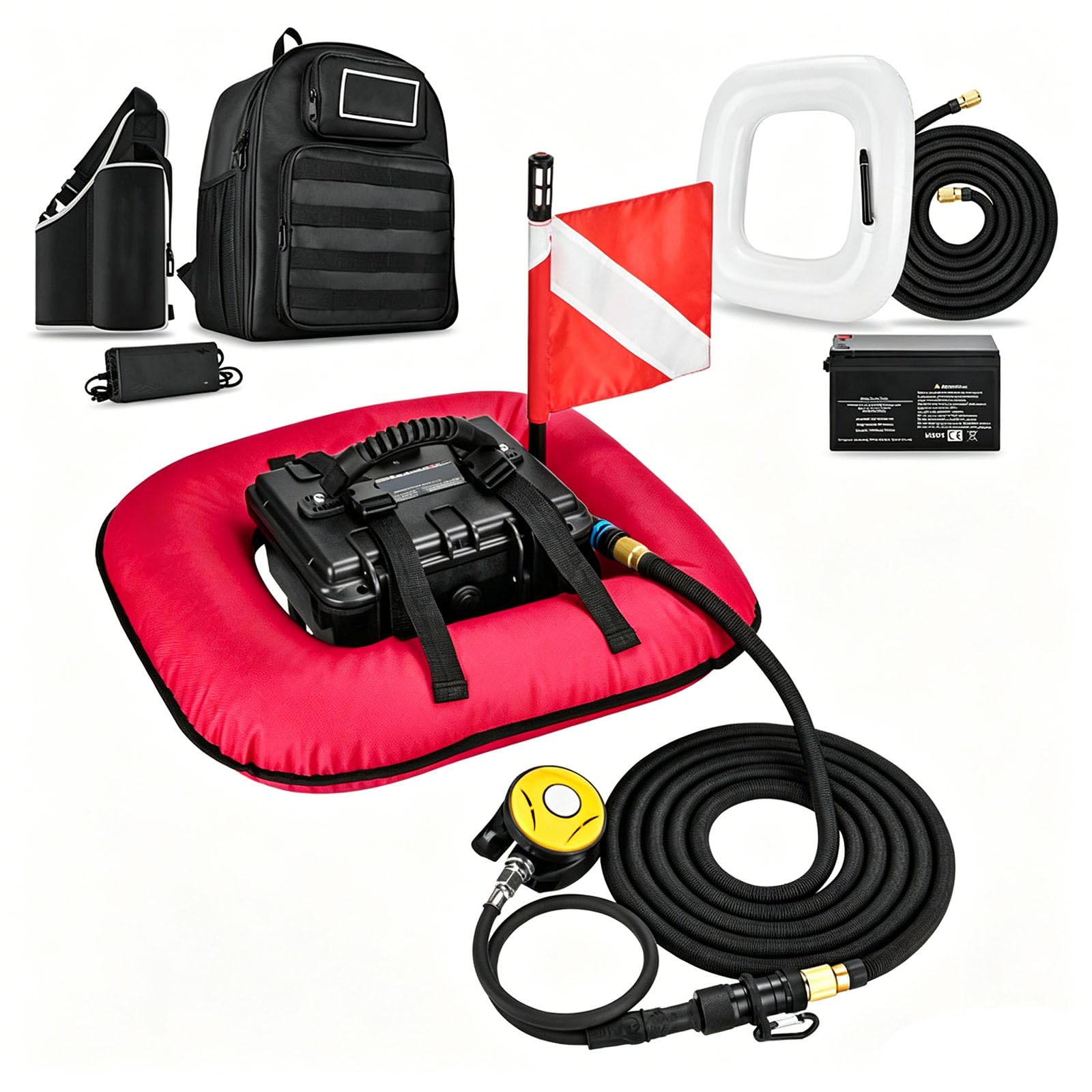 Enpvneer Scuba Diving System, Electric Diving Respirator, Rechargeable Tankless Dive System, with 29.5 ft Breathing Hose, 60-70 Min Usage Time, for Snorkeling, Underwater Breathing(Color:Red)
