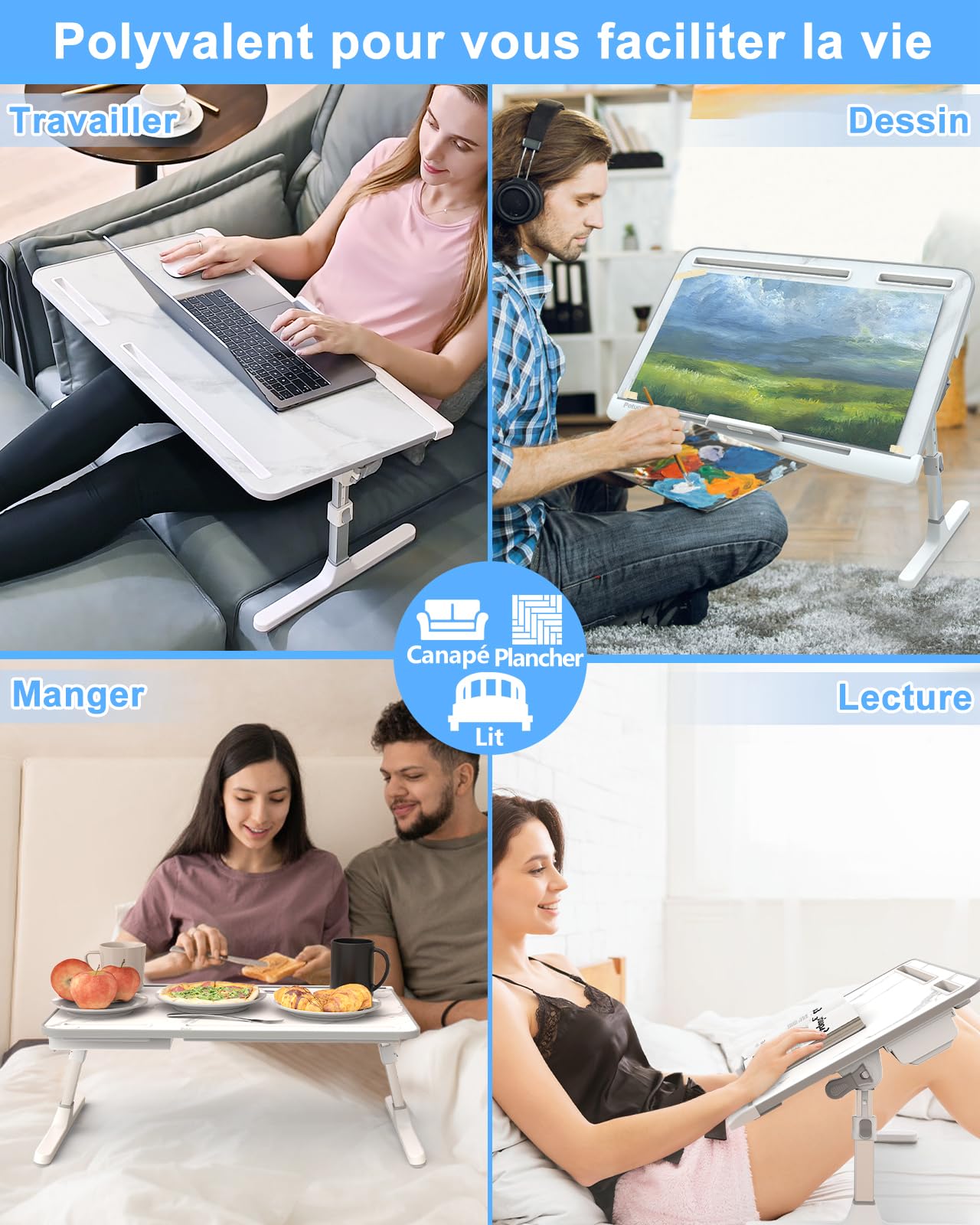 Potuopy Table de lit à Hauteur réglable, Pliable pour Ordinateur Portable, pour Travailler, Lire et Manger sur Le Sol du canapé (Marbre, 60 * 40cm)