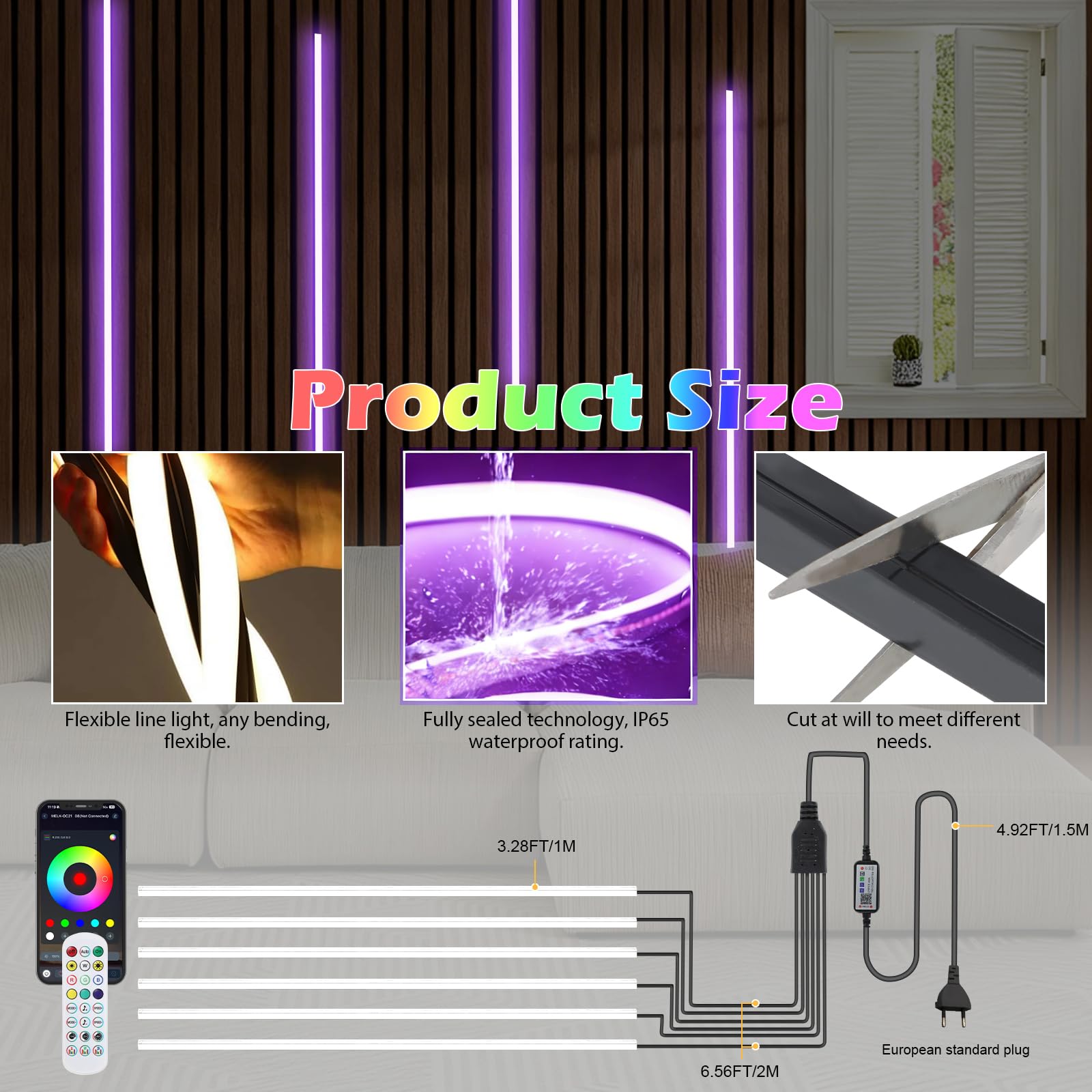 Striscia LED neon per pannelli acustici, 6 strisce LED RGB dimmerabili da 100 cm, per interni, pannelli acustici, scaffali e armadi, controllo tramite app o telecomando e sincronizzazione musicale