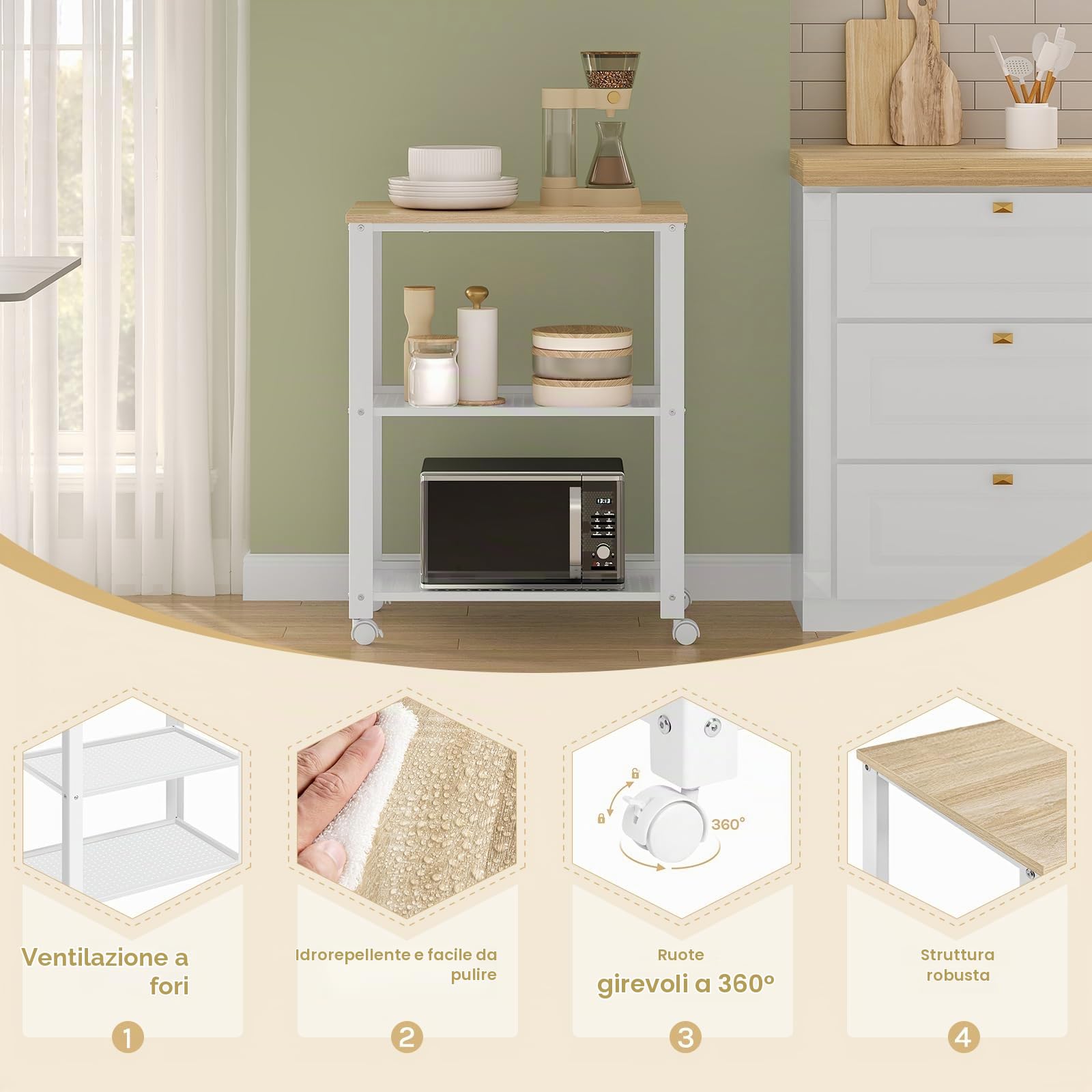 WOLTU Carrello da Cucina a 3 Ripiani, con 4 Ruote Girevoli, per Cucina, Sala da Pranzo, Soggiorno, Legno e Metallo, 60x40x76cm (Bianco+Rovere Chiaro)