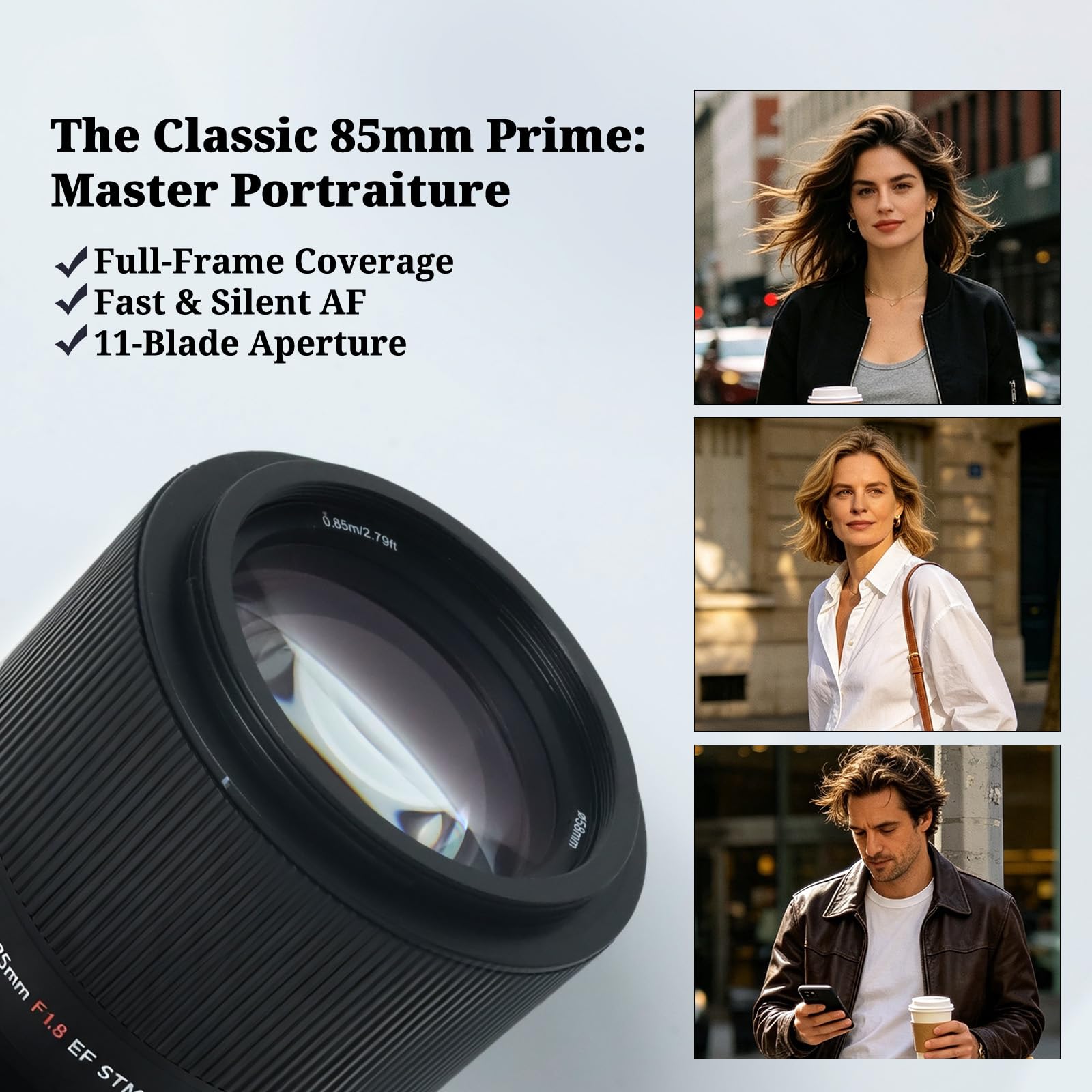 Obiettivo 85 mm f/1.8 AF per Canon EF, Full Frame teleobiettivo ritratto, Autofocus STM, compatibile EOS 5D Mark IV, 6D II, 90D, R7, Rebel T8i, T7 e reflex Canon EF/EF-S