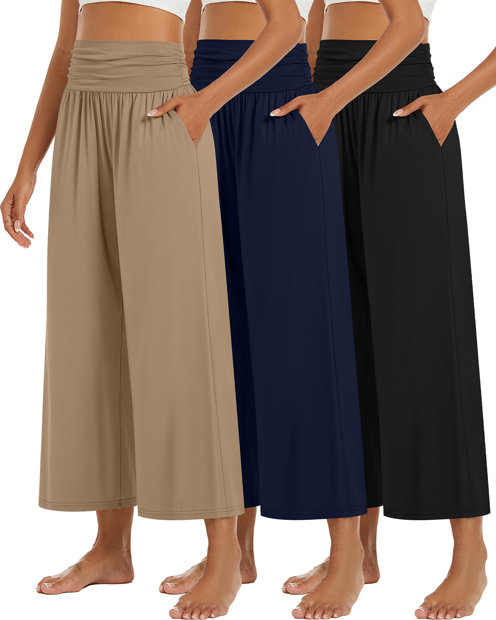 Huukeay 3 Pack Wide Leg Pants for Women, Lounge Yoga Pants High Waist Loose Casual Trouser Cropped Palazzo Capri with Pockets