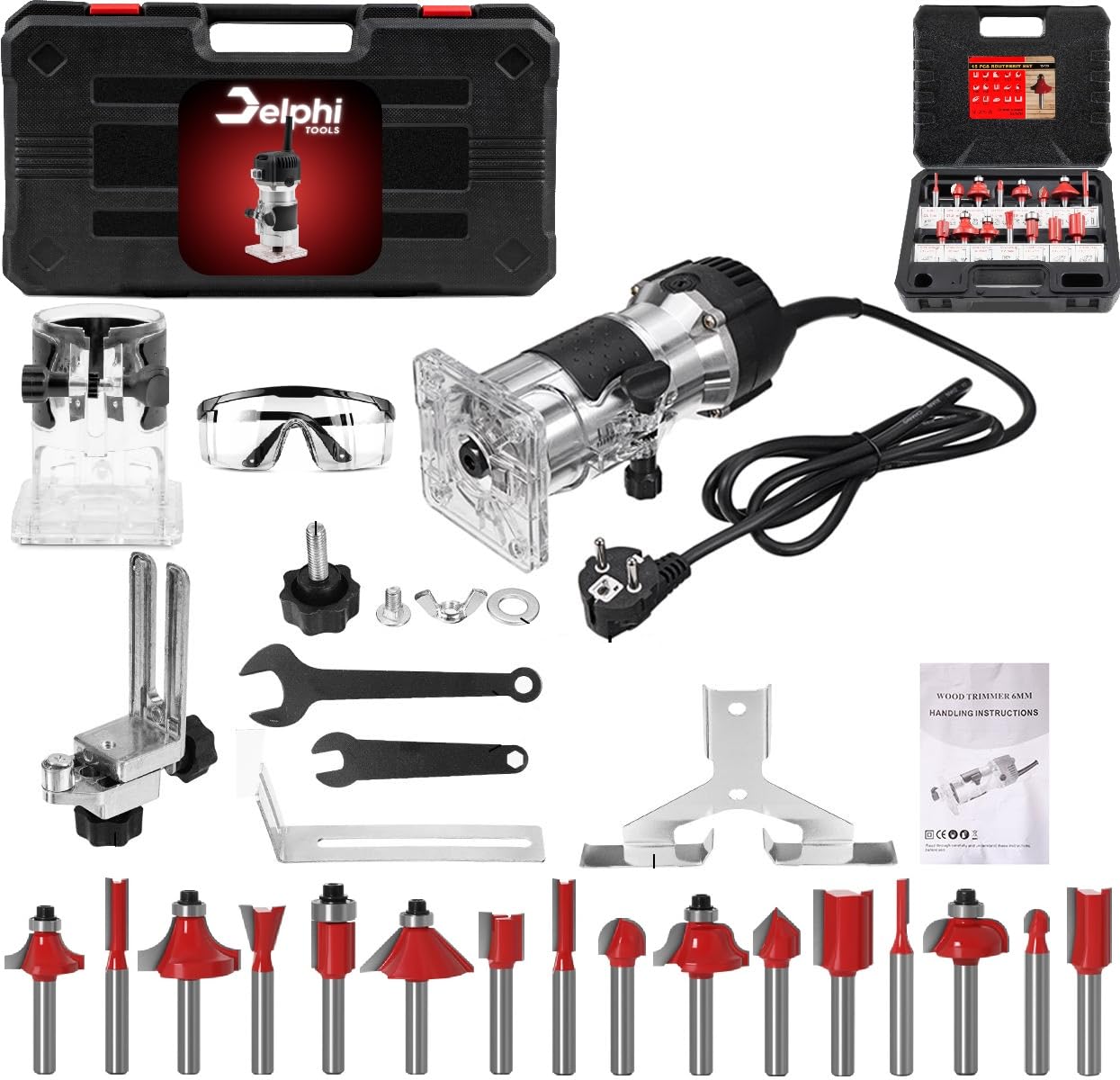 DELPHI Fresadora eléctrica de madera con maletín – 12 juegos de accesorios 800 W 330000 R/min 6,35 mm – Wood Router – Fresadora de bordes de madera para carpintería