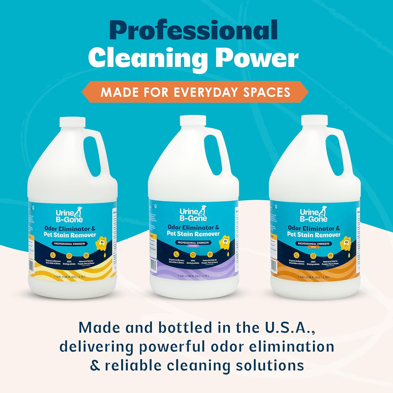 Urine B-Gone, Professional Enzyme Odor Eliminator & Pet Stain Remover, Human, Cat & Dog Urine Cleaner, Effective on Laundry, Carpets & More, Citrus Scent, 1 Gallon