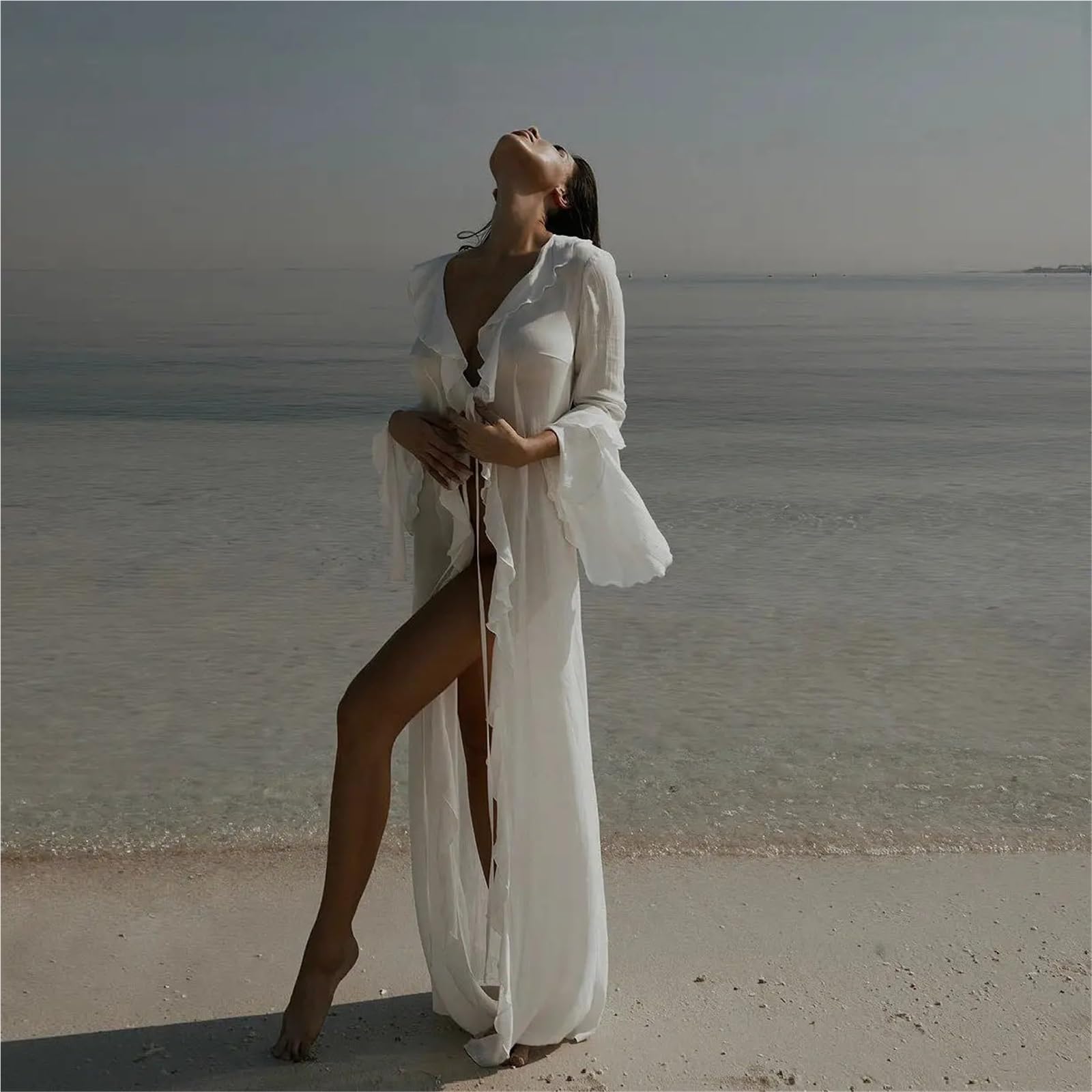 Copricostume Lungo in Chiffon Copricostume da Spiaggia Abito in Chiffon a Maniche Lunghe Protezione Solare Abbigliamento Donna Scollo a V Arricciato