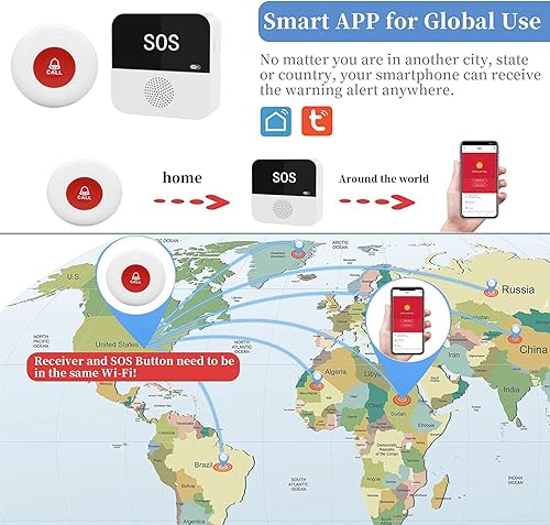 Miniatura 6 de DwyenSlo Sistema de botón de llamada WiFi para cuidador, alerta de aplicación inteligente, botón de llamada de emergencia, alerta de ayuda personal