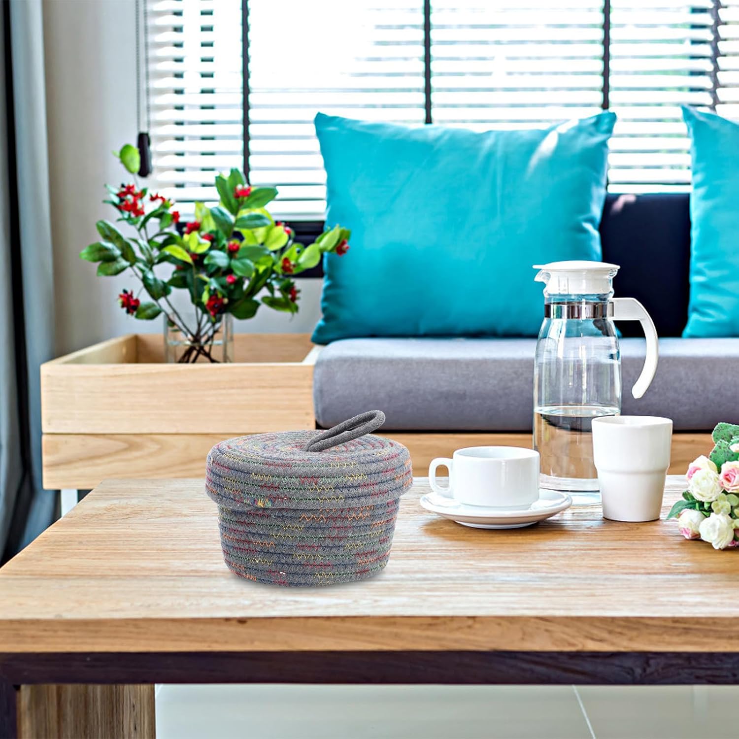 PATKAW Cotton Woven Storage Basket with Lid Small Grey, Desktop Organizer and Home Storage Holder for Sundries and Household Items