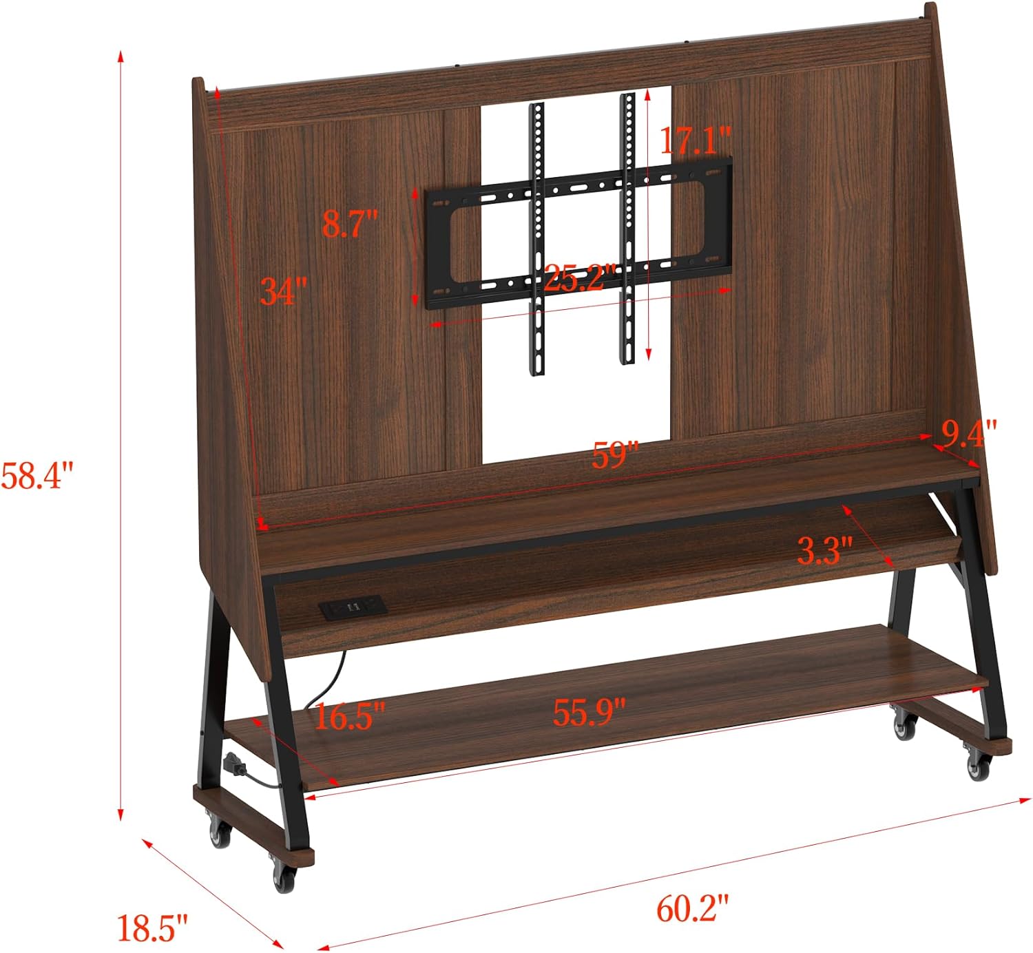 60" W Mobile TV Stand with Mount, Rolling Floor Media Console TV Cart, Wood Corner Monitor Stand with Shelves & Charging Station, for LCD/LED Flat Screens in Home Office, Brown Wood