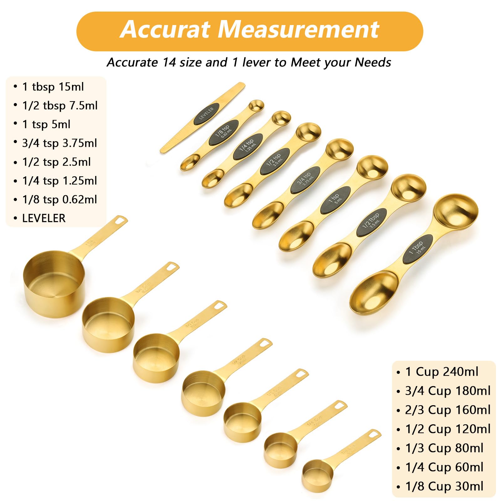 GuDoQi Gold Magnetische Messlöffel und Becher Set mit 15 Stück, 8 doppelseitige magnetische Messlöffel-Set mit Nivellierer, 7 Messbecher, Premium-Edelstahl, Messung für flüssige und trockene Zutaten