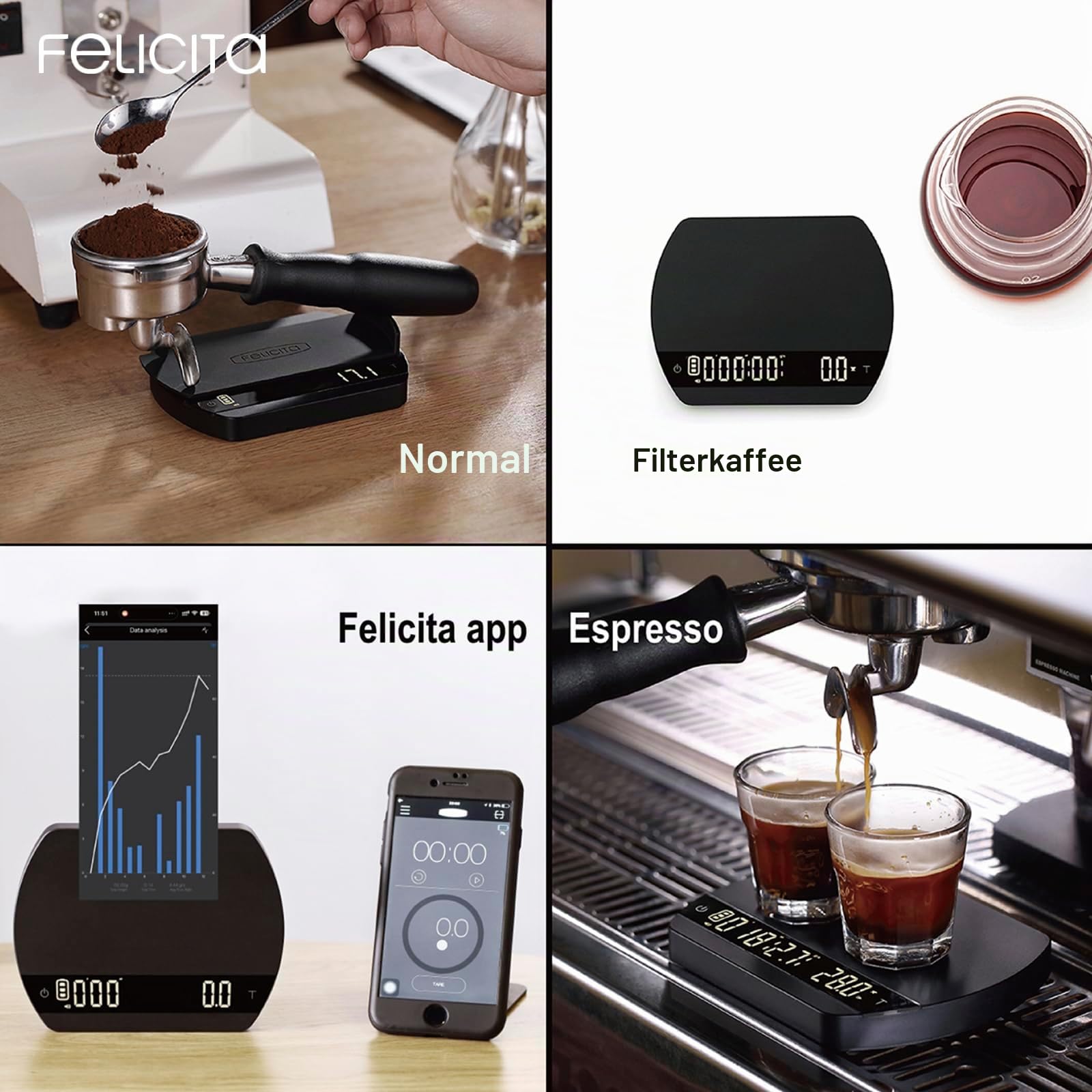 FELICITA ARC Kaffeewaage, Elektronische Espressowaage und Pour-Over Kaffeewaage mit Timer, 0,1 g Genaue, Wasserdurchflussmenge und Auto-Timing-Funktionen mit 5 Arbeitsmodi