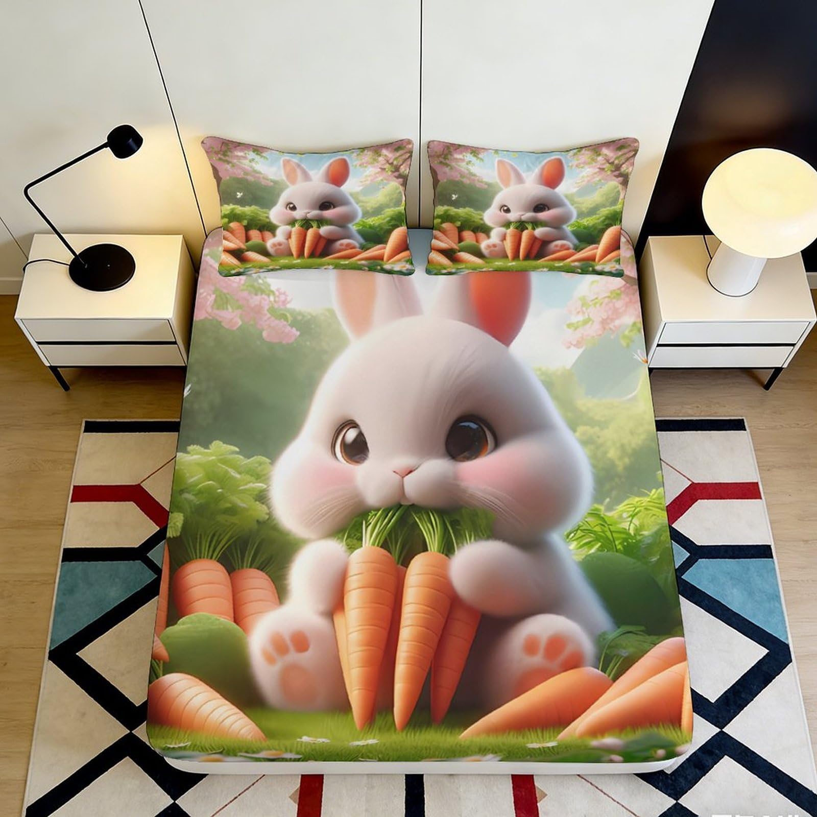 3D Printed Bunny Fitted Sheet Microfiber Deep Pocket Non-Slip Rabbit Mattress Fitted Cover for Bedroom 120x200x25cm