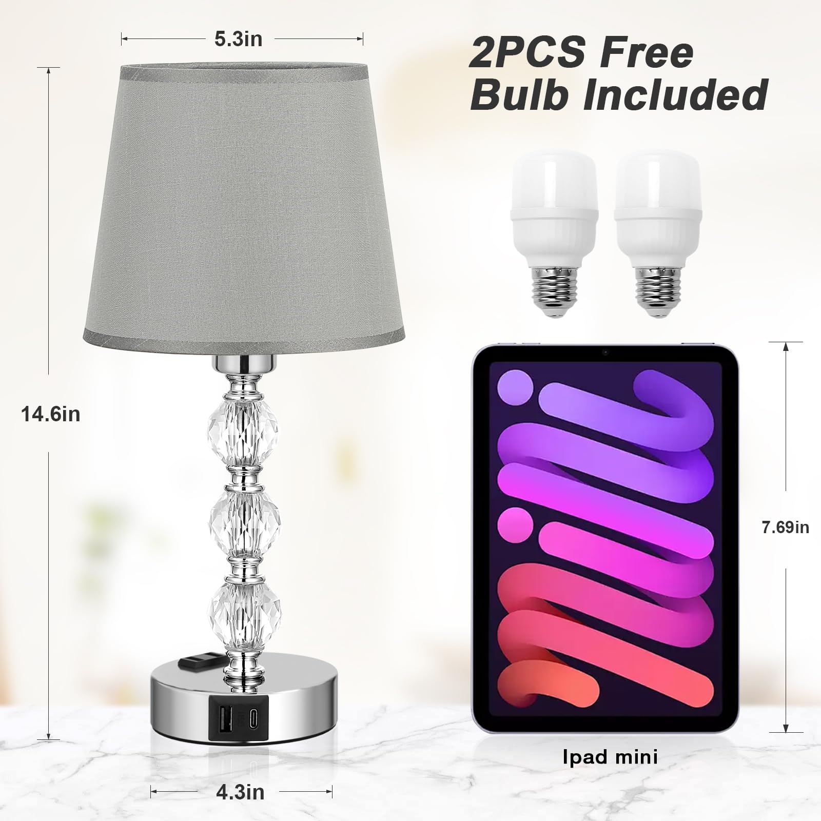 Lámparas para dormitorio, juego de 2 lámparas de mesa de cristal con puertos USB C+A y salida de CA para carga, 3 vías regulables al tacto, plateadas, lámpara de mesa auxiliar para sala de estar 3