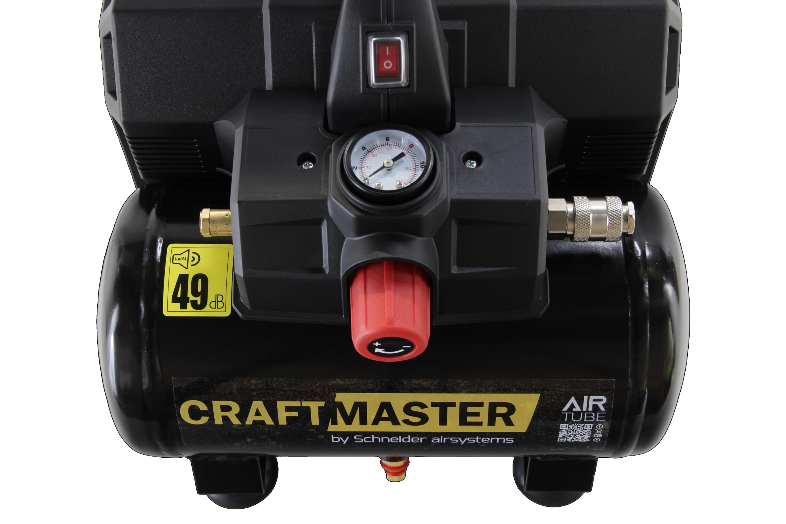 SCHNEIDER CRAFTMASTER, leiser, tragbarer, ölfreier Kompressor, 6-Liter-Tank, maximaler Druck: 8 bar, Leistung: 0,75 PS, Geräuschpegel: 49 dB LwA