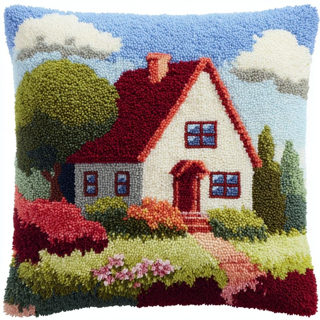 WallustrioaW Latch Hook Kit for Beginners,Cartoon House in the Forest,Cushion Cover Making Kit,Embroidery Pillowcase Latch Craft for Adults,17x17in