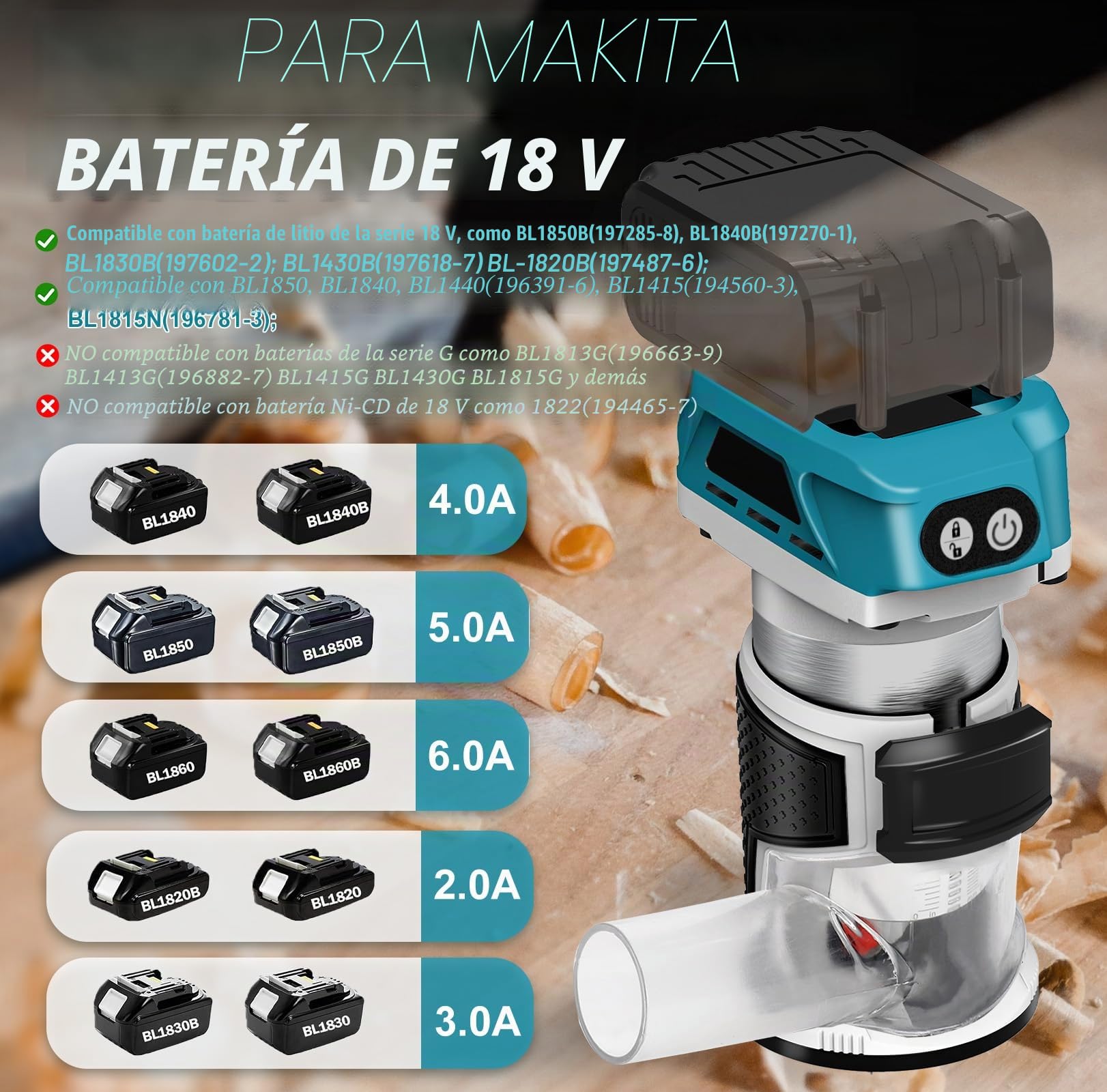 Router inalámbrico compatible con batería Makita 18 V (sin bateríe), recortadora de madera 800 W 6 velocidades, guía recta, rueda guía, 15 brocas fresado, conducto de polvo