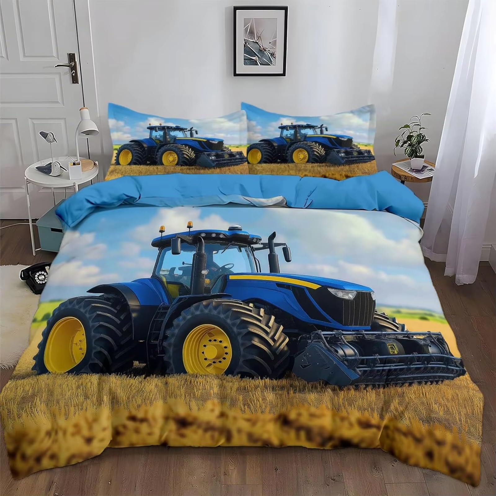 Bettwäsche 155x220 Blauer Traktor Bettwäsche-Set mit Reißverschluss Schließung und 2 Kopfkissenbezug 80x80 cm - Weicher Atmungsaktive Mikrofaser Bettbezug für Kinder Mädchen