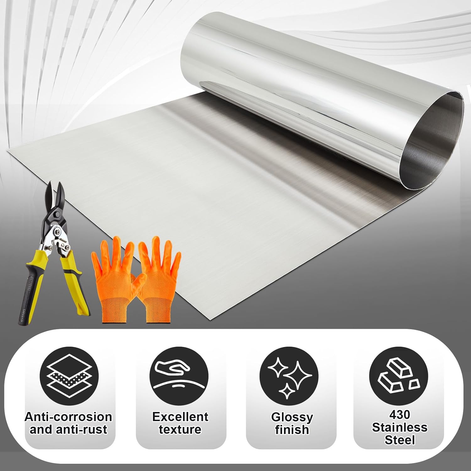 430 Stainless Steel Sheets Metal Set 96 x 48 Inches 24ga Plates Panel #4 Brushed Finish Magnetic Mount Board Includes Steel Plate Plier and Gloves for Crafting Kitchen Office Stove Top Truck Floor