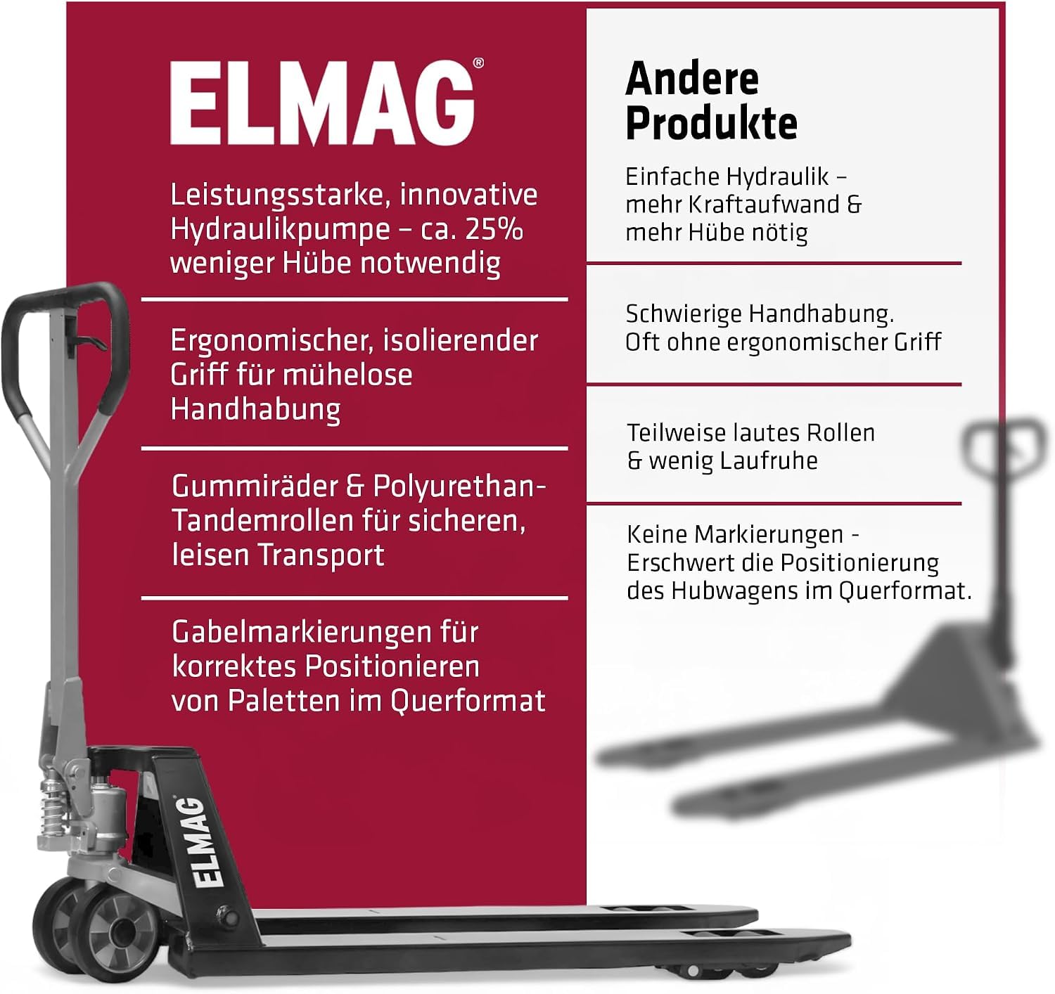 Elmag Handhubwagen HW 2500 Hubwagen mit 2500 kg Tragkraft, 1150 mm Gabellänge, 540 mm Gabelbreite Palettenwagen mit Gummirädern & Polyurethan-Tandemrollen Gabelhubwagen für mühelosen Transport