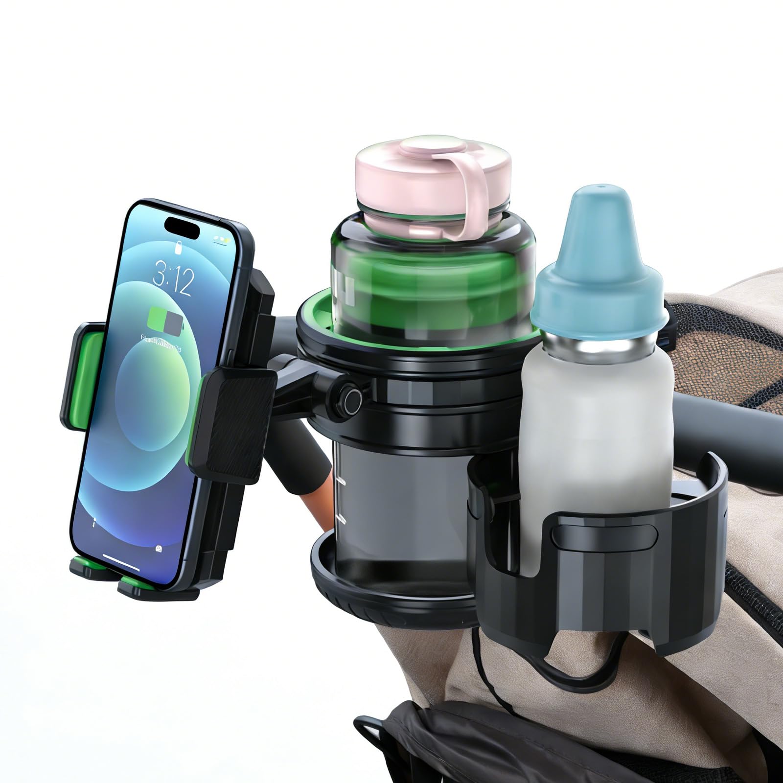 3-in-1 Pram Cup Holder Attachment, Universial Walker Cup Holder with Phone Holder for Wheelchair Rollator, Scooter, Bike - Image 2