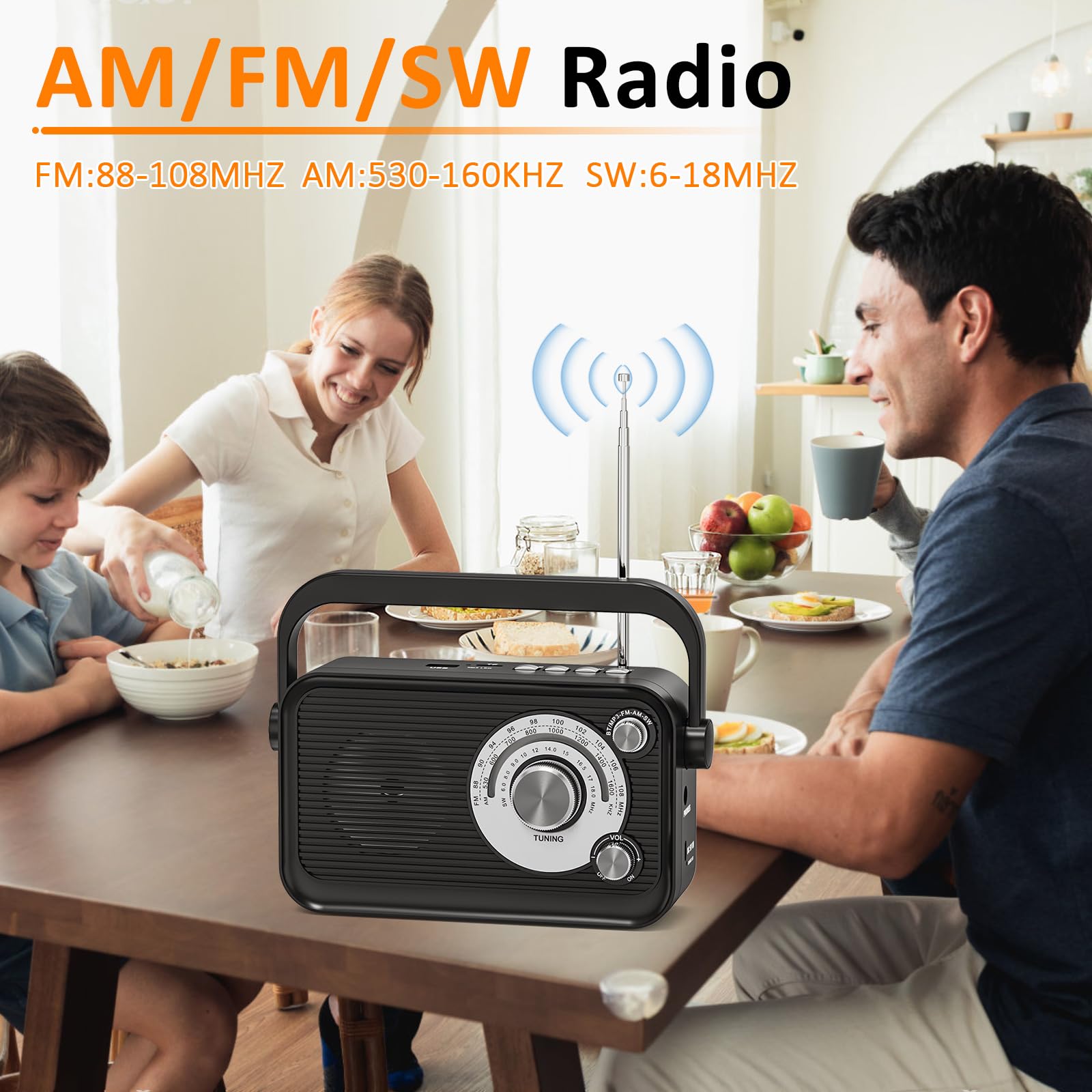Radio Portable, Radio Portables FM/AM/SW, Alimentation Électrique et Piles, Radio à Piles avec Fonction Bluetooth et MP3, Radio Pourbureau/Cuisine/Camping/Urgences