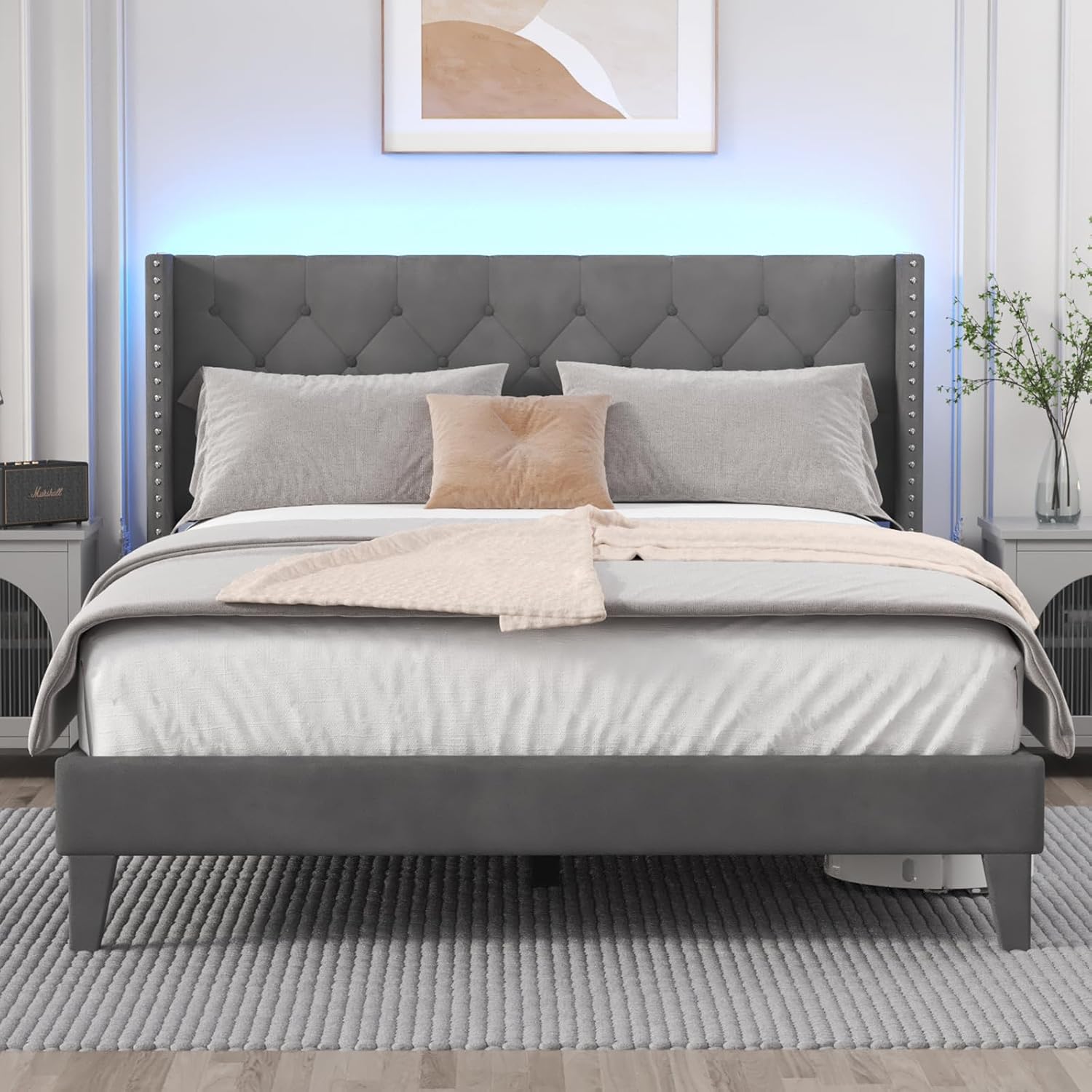 DOGIBIXO Full Size Bed Frame with LED Lights, Upholstered