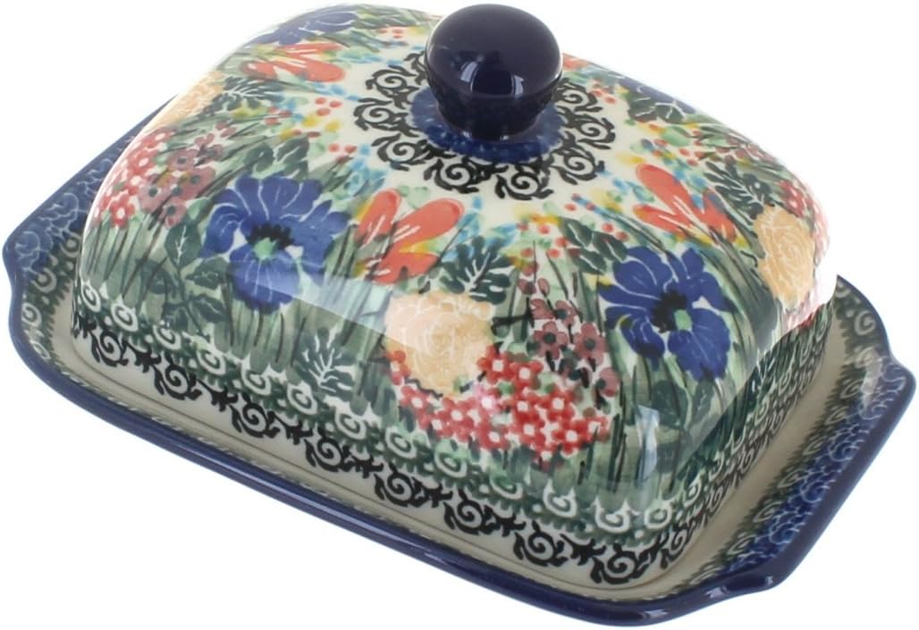 Blue Rose Polish Pottery - Blue Celeste Butter Dish - Fits 1 Stick - Butter Dish for Countertop Organization and Storage