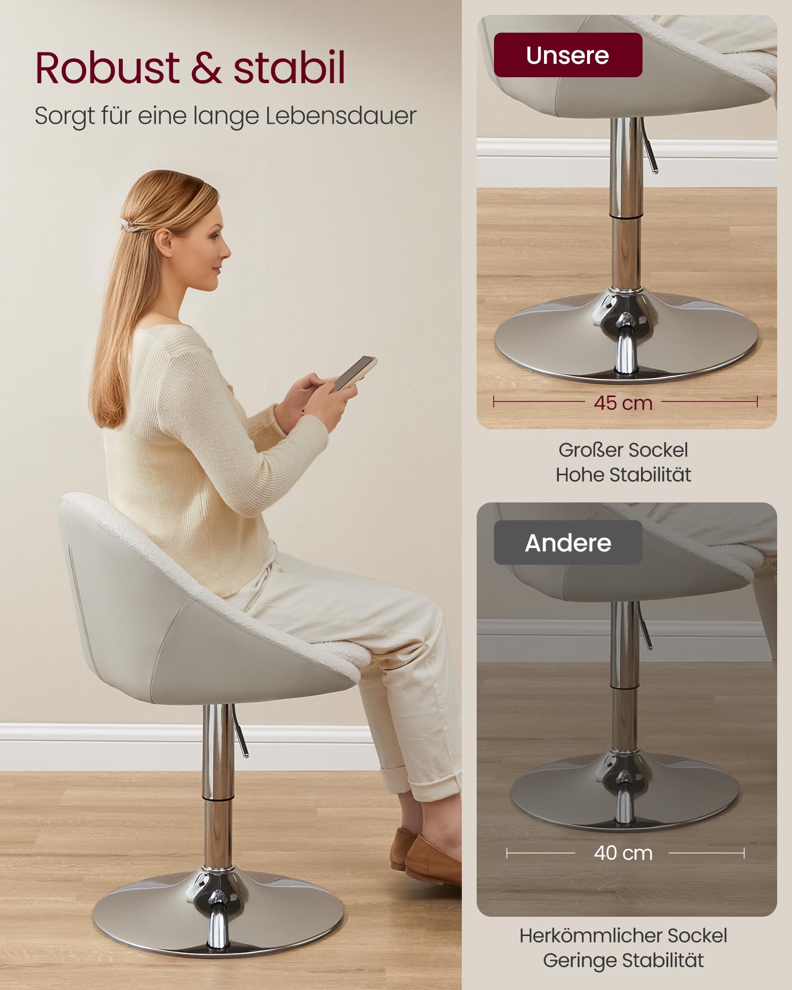 VASAGLE Stuhl verstellbar, Schminkstuhl, Bürostuhl, drehbar, Barhocker mit Rückenlehne und Sockel, Stahl, für Theke, Büro, Schminktisch, Esszimmer, cremeweiß LJB100W01