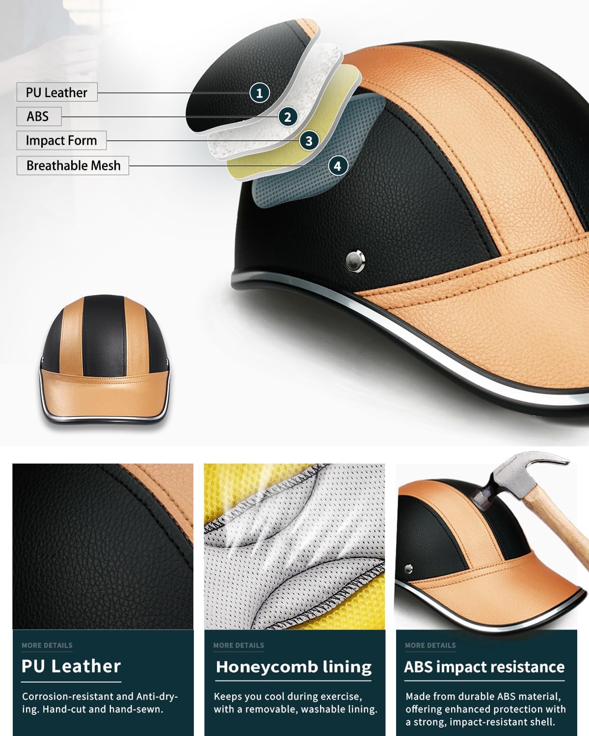 Adult Baseball Cap Helmet - Urban Style PU Retro Leather Hat for Golf, Low Profile Urban Commute Helmet for Men & Women (21.7-23.6 in/ 55-60 cm, Gold) - Image 3