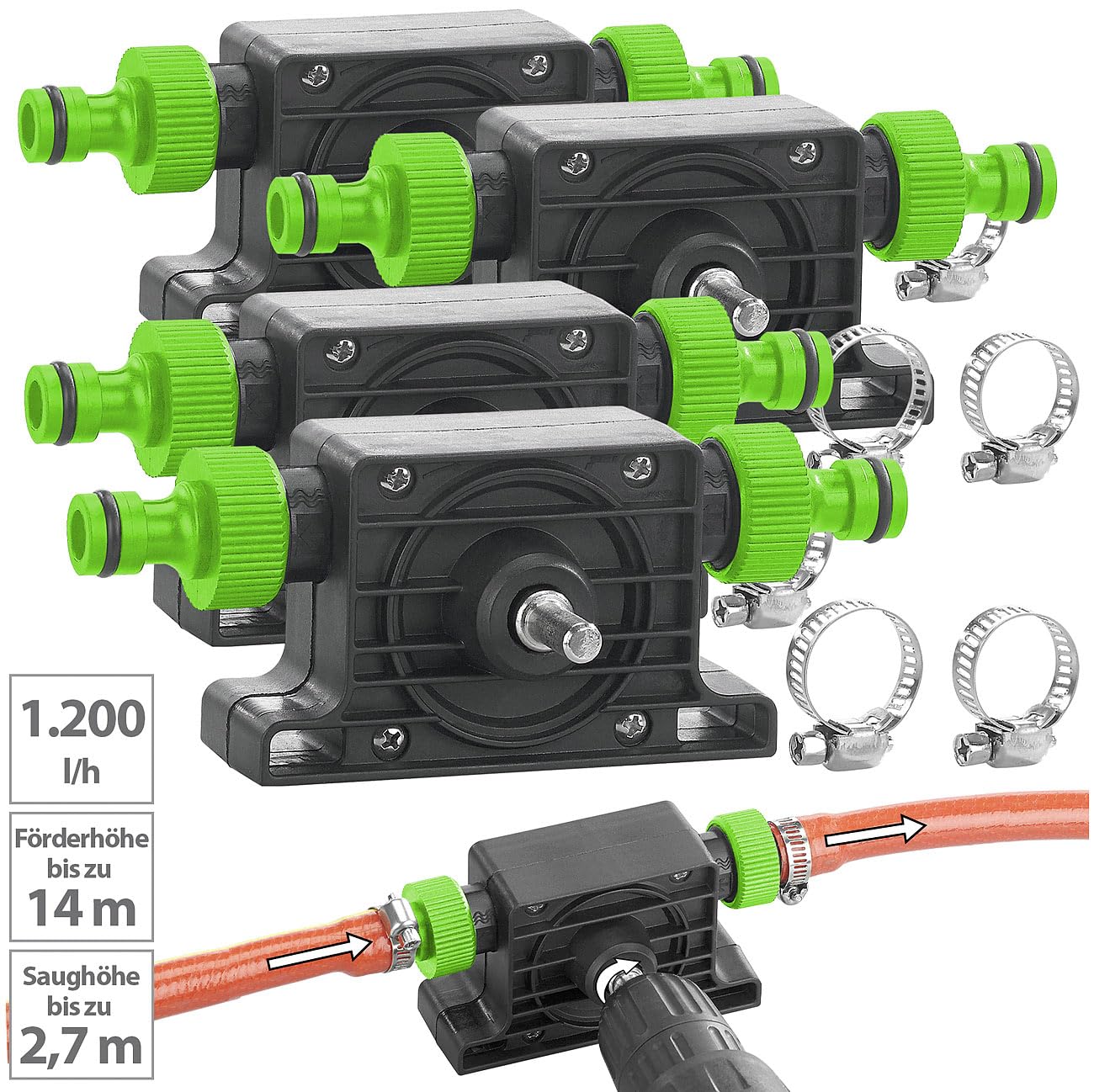 Royal Gardineer Gartenschlauch-Pumpe: 4er-Set Pumpenaufsätze für Bohrmaschinen zum Um-/Auspumpen von Wasser (Kleine Pumpe für Gartenschlauch, mit Gartenschlauchanschluss, Bohrer)