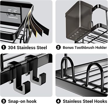 AKTECKE Corner Shower Caddy, 2 Pack Adhesive Shower Corner Organizer Shelves, No Drilling Stainless Steel Shower Storage Rack with Hooks&Toothpaste Holder for Bathroom Kitchen (for 90 Corners Only)