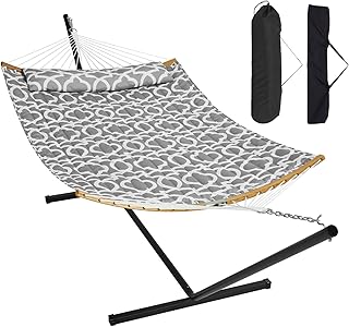 VEVOR Two Person Hammock with Stand Included, Double Hammock with Curved Spreader Bar and Detachable Pillow and Portable C...