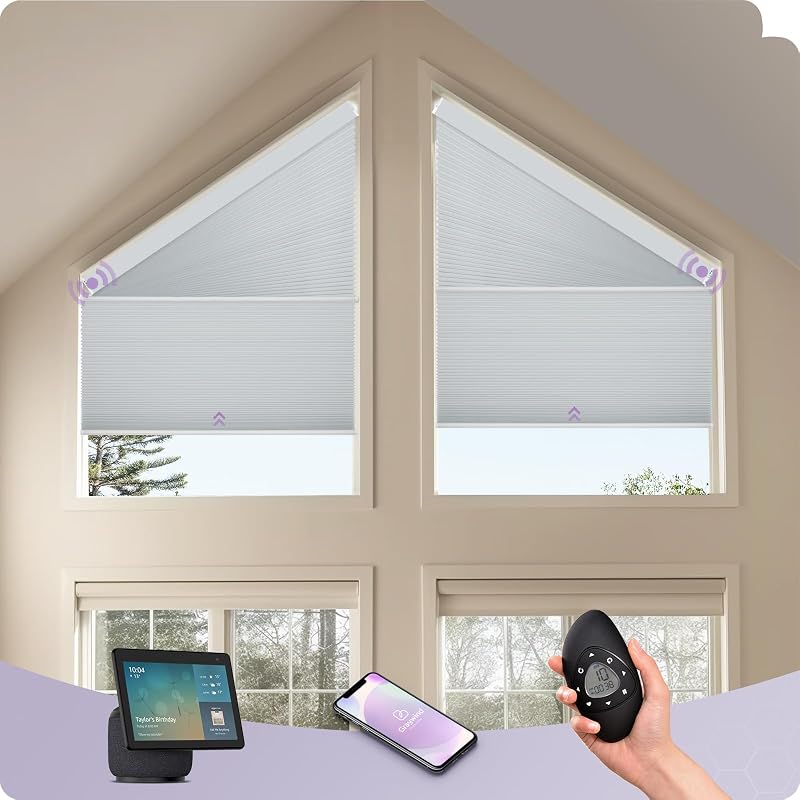 Graywind Smart Angled Blinds Compatible with Alexa Google Motorized Right Trapezoid Shades Solar Powered Customized for Odd-Shaped Window (Blackout White)