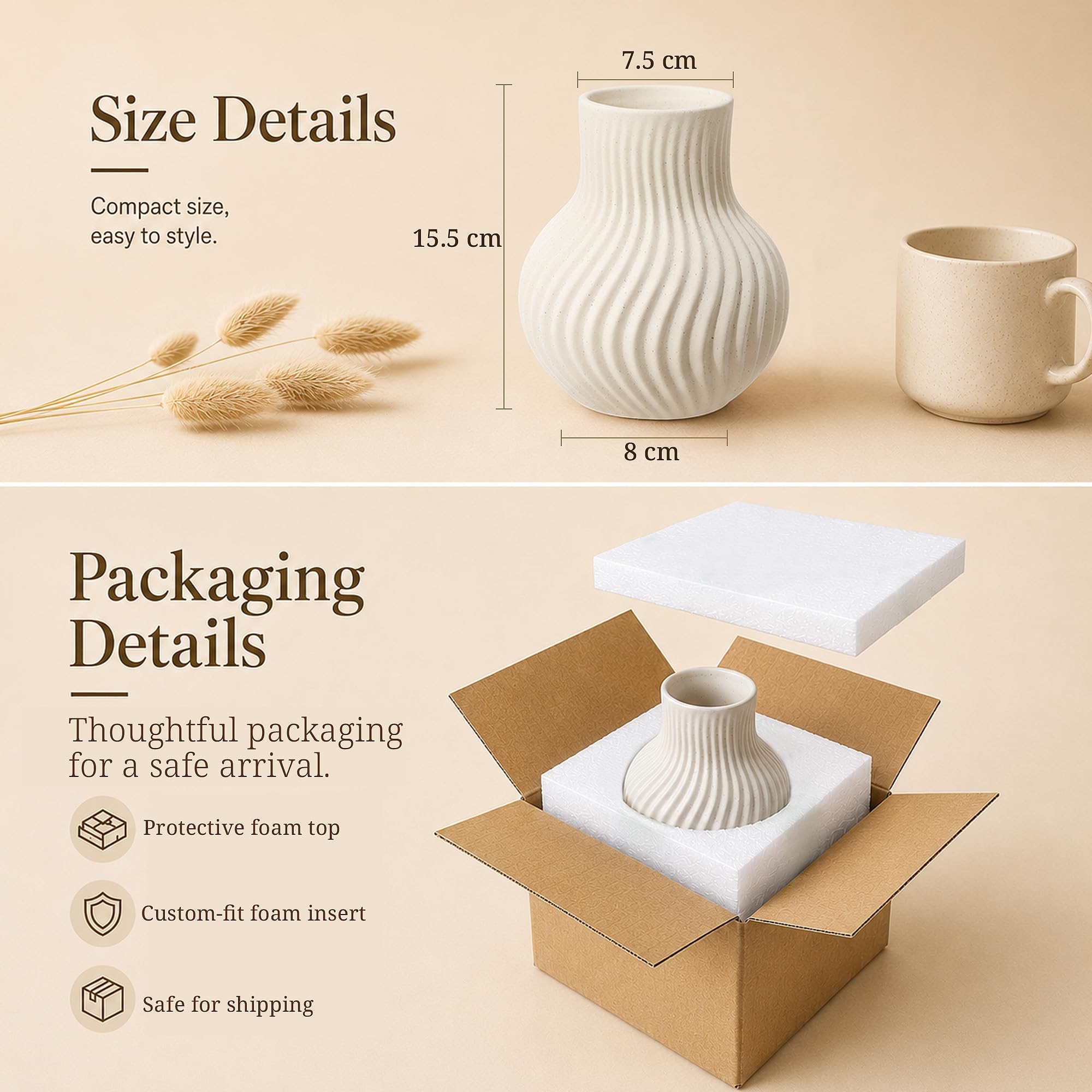 White Ceramic Vase, Modern Ribbed Flower Vase for Pampas Grass (Off White) | Cream Beige Wavy Decorative Vase, Boho Table Centerpiece for Living Room, Minimalist Ceramic Flowerpot, Dried Flowers Decor