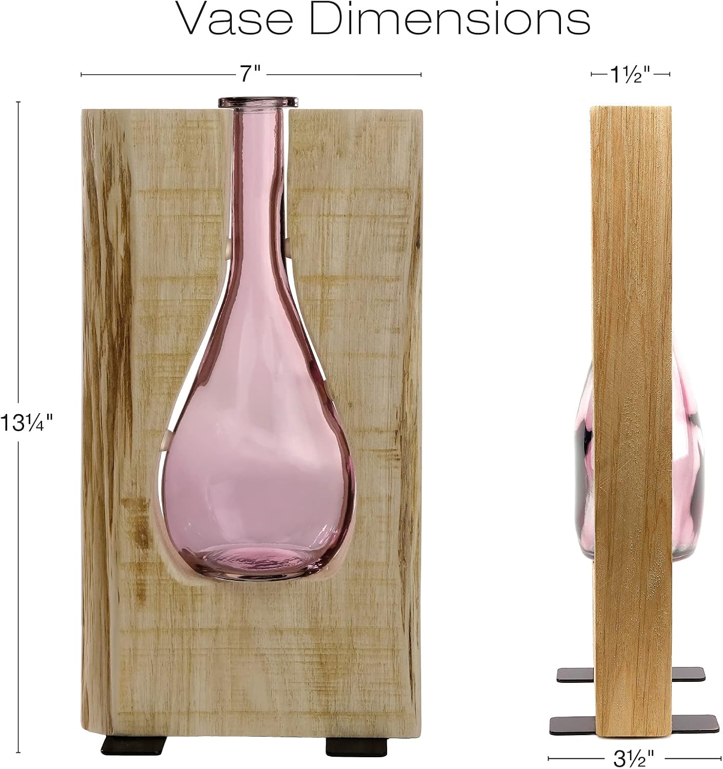 Excello Global Products Round Pink Glass and Wood Vase - Rustic Flower Vase Decorative Centerpieces for Dining Room Table Coffee Tables Vintage Farmhouse Decor (Tall - 13" x 7")