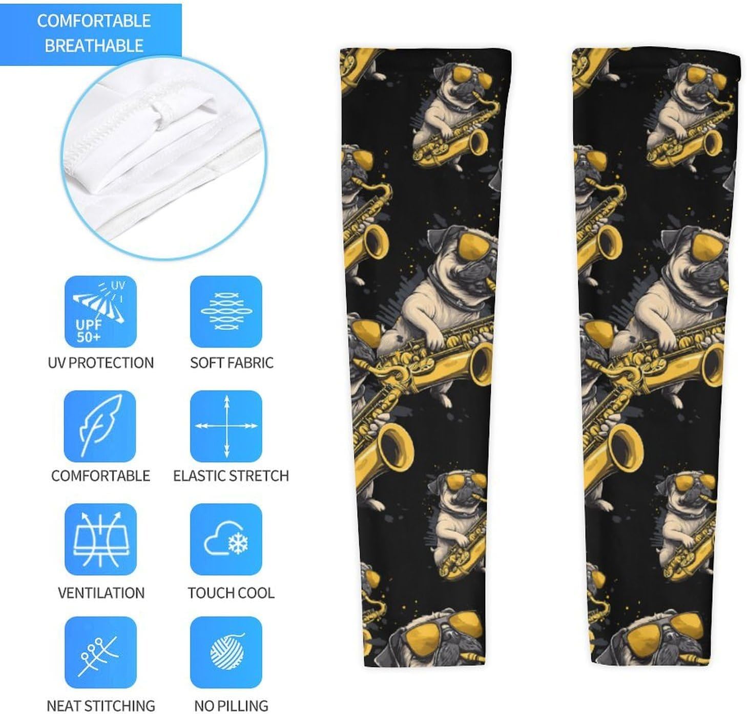Saxophone Pug Dog Jazz Music Arm Sleeves Cooling Sun Protection Sports Compression for Golf Basketball