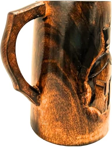 Miniatura 2 de collectiblesBuy Jarra de cerveza de madera hecha a mano de estilo clásico con diseño de casco Spartan 300, taza tallada a mano antigua jarra de