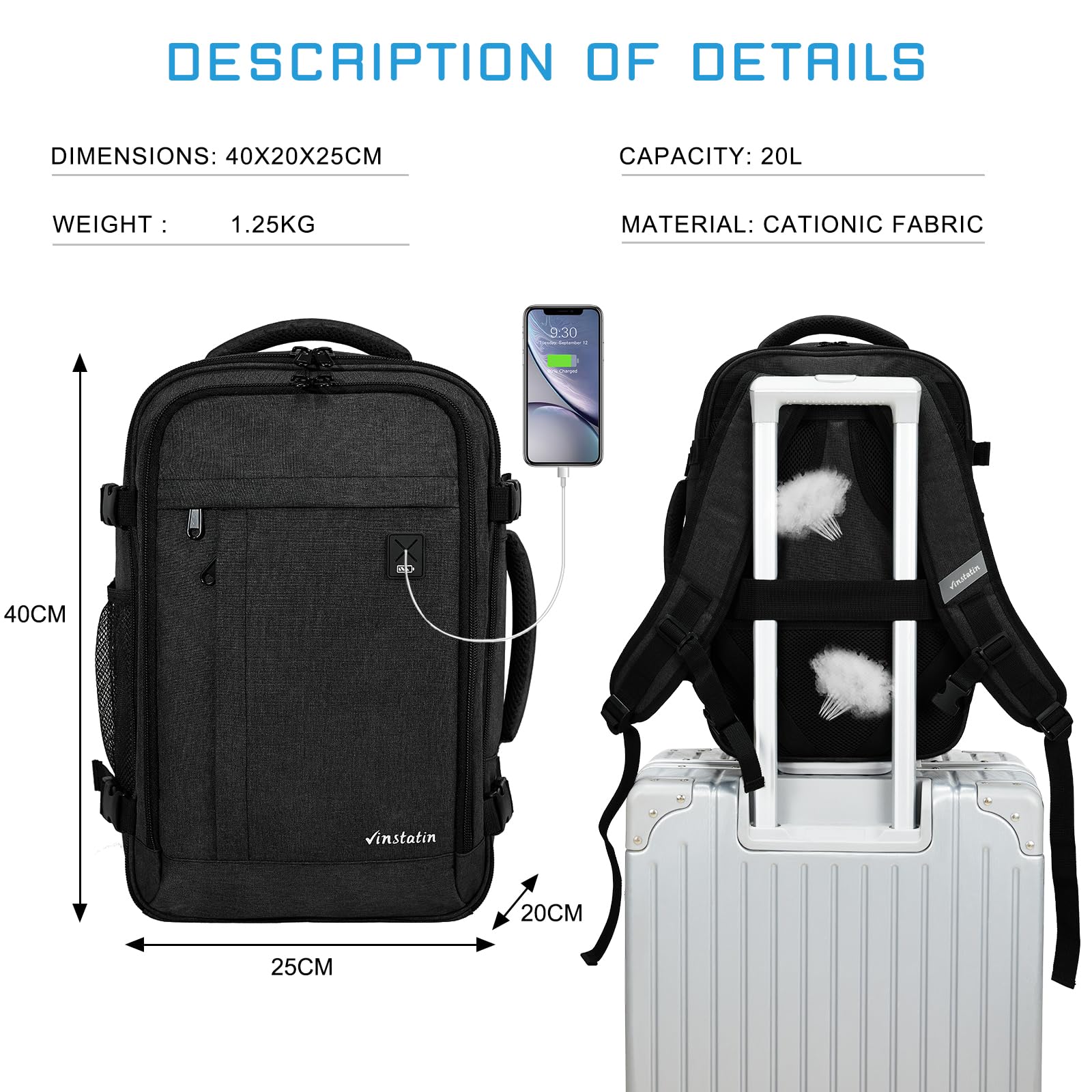 Vinstatin Ryanair - Zaino da viaggio da donna, 40 x 20 x 25,14 pollici, 20 l, impermeabile, con 4 tasche per vestiti, per vacanze, affari, escursioni, weekend, grigio scuro, 40x20x25(CM)