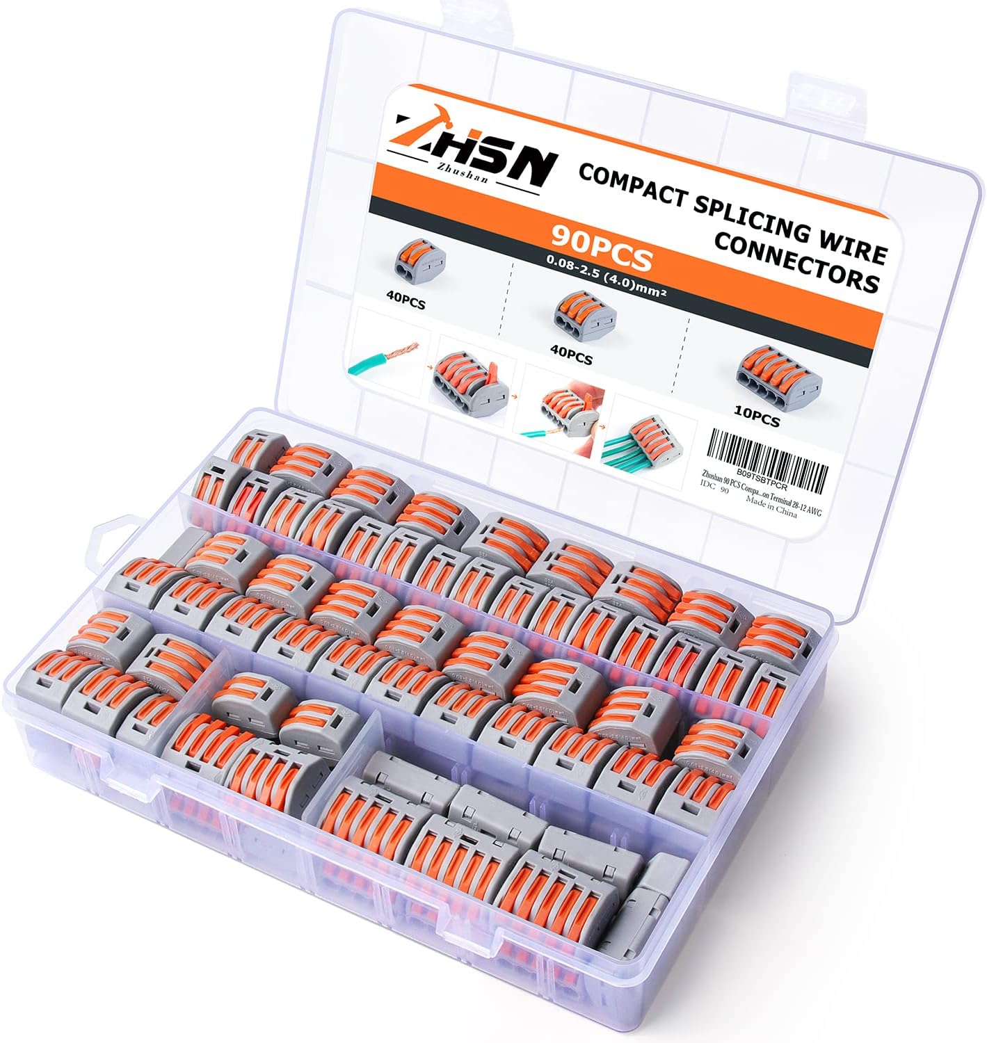 Zhushan 90 PCS Compact Wire Conductor Connector Set,Lever Wire Nut Connector Kit Fast Connection Terminal 28-12 AWG