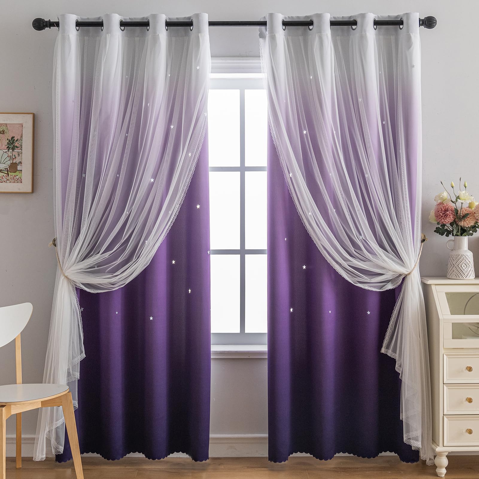 indistar Verdunklungsvorhänge für Schlafzimmer, 2-lagiges Design aus Stoff und Tüll, hübscher Fenstervorhang für Kinderzimmer, 1 Paneel (B132 x L213 cm Dunkelviolett)